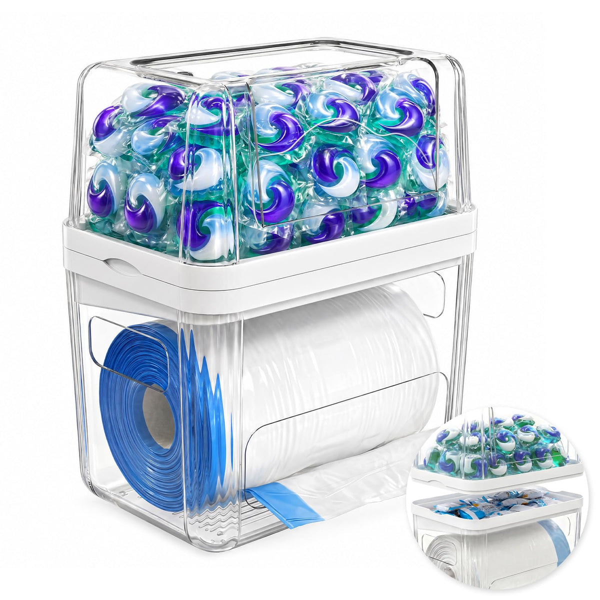 Onemake 3-in-1 Acrylic Trash Bag Dispenser & Laundry Pods Container Organizer, Extra Large Garbage Bag Holder for Kitchen Laundry Room Under Sink Pantry Organization and Storage (Clear, XL)