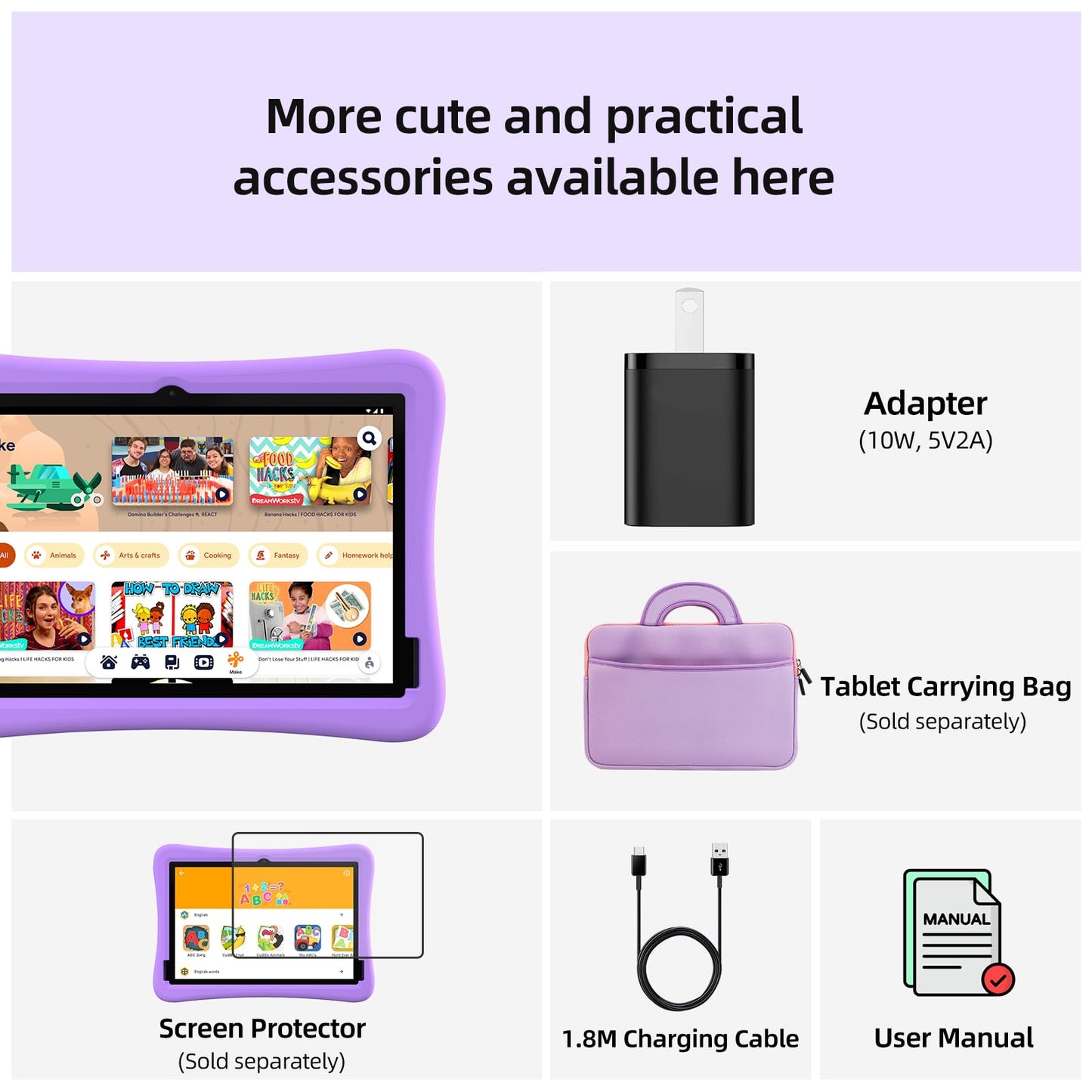 2025 Upgraded Kids Tablet, 10 Inch Android 15 Tablet for Kids with EVA Shockproof, 8-Core, 12(4+8) GB RAM 64GB Storage, Kids Space, Parental Control, WiFi, BT, Plimpton Kids20 (Purple)