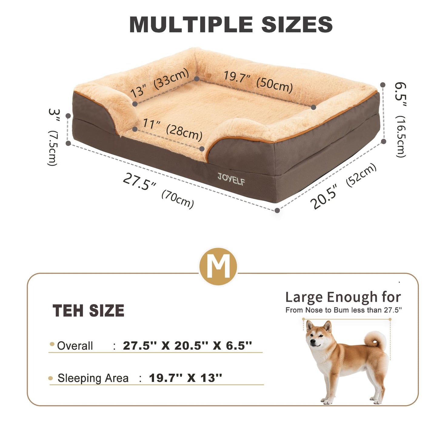 JOYELF Dog Bed for Medium Dogs, Bolster and Foam Sofa Couch Bed with Nonskid Bottom, Durable Dog Couch for Small to Medium Dogs - Brown