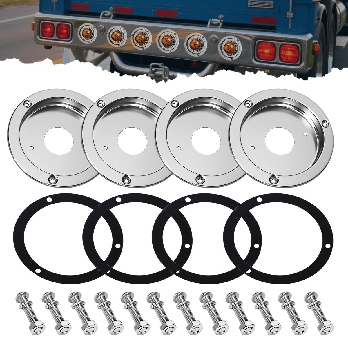 Ronybuy 4PCS Watermelon Lights Bracket, 4.3" Round Watermelon Light Bunk Adapter, Stainless Steel Marker Light Bezel Cover, Mounting Bracket Fit Any 4.3" Hole for Truck RV Trailer, with Gasket Screws