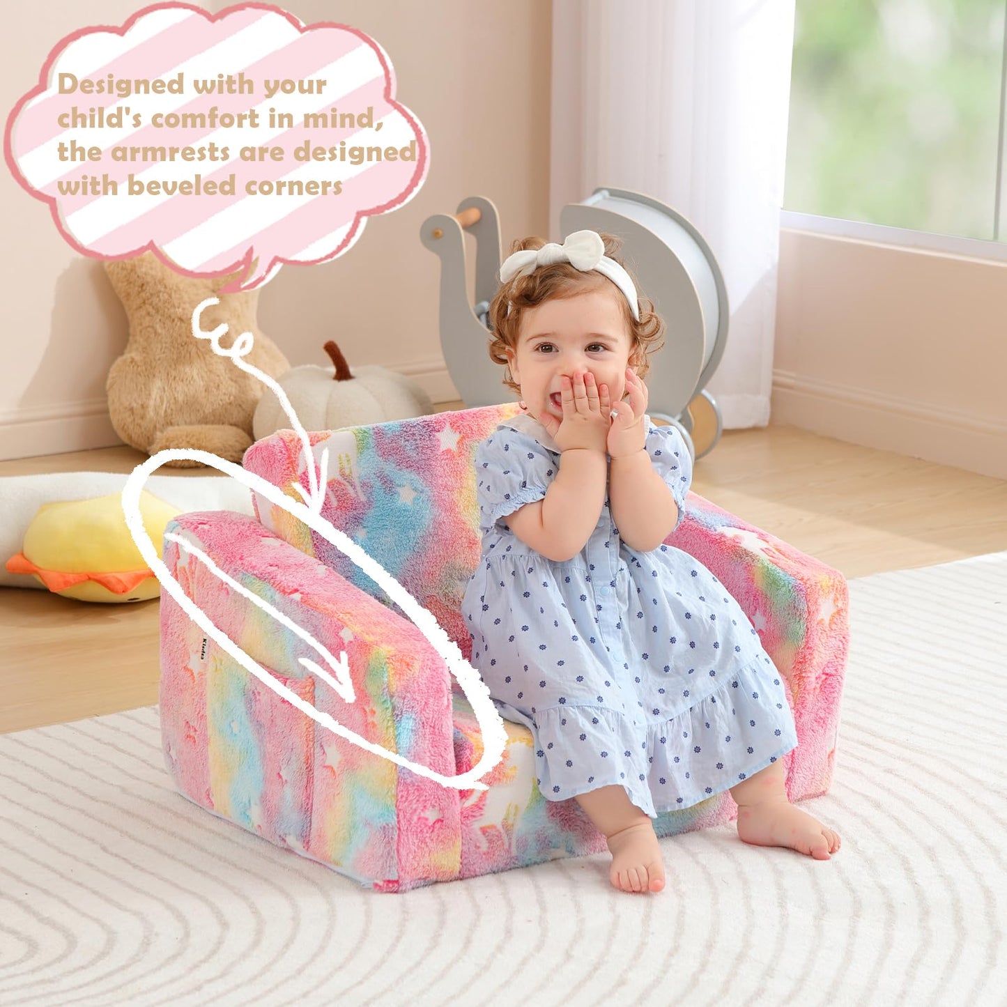 Kisdsa Toddler Couch Fold Out, Foldable Toddler Chair with Blanket, Flip Out Kids Couch,Glow in the Dark Convertible Sofa Gift for Girls & Boys (Glow Pink)