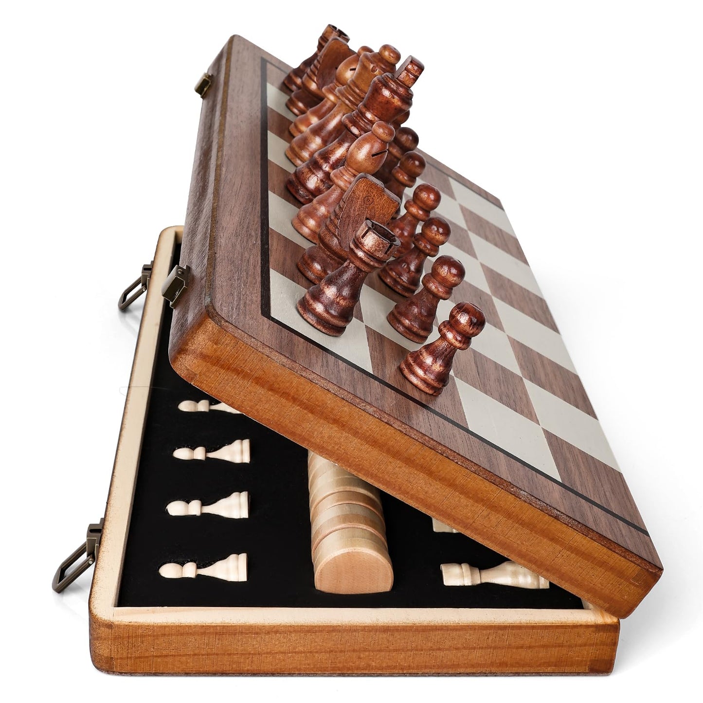 Wooden Magnetic Chess Board Set, 15 inch 2 in 1 Portable Folding Checkers Chess Set with 2 Extra Queen and Carry Bag Handmade Large Chess Game