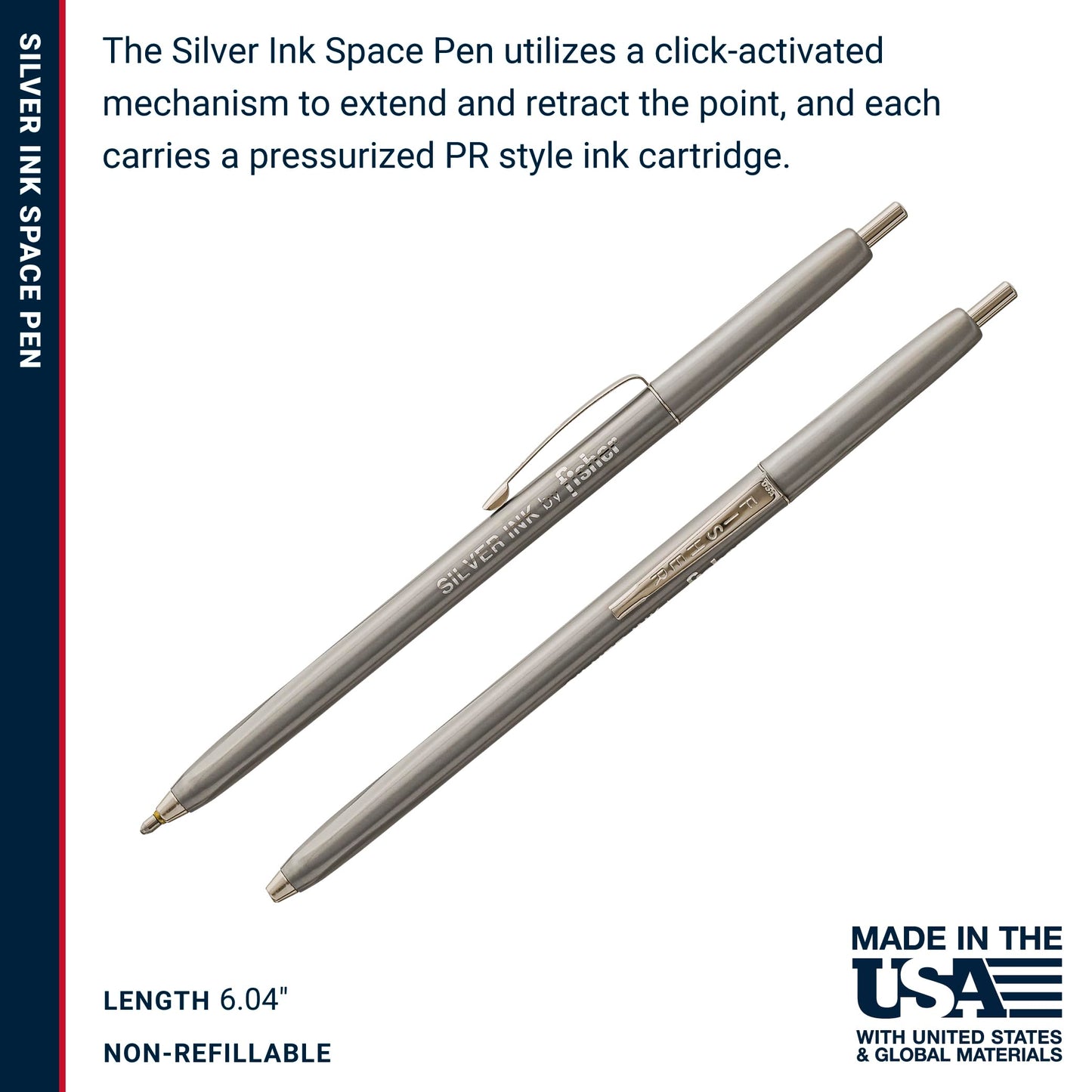 Fisher Space Pen Silver Ink Space Pen, Pressurized Ballpoint Pen, Writes Upside Down and in Extreme Temperatures, Silver Metallic Ink, Bold Point, Made in the USA, 2 Pack
