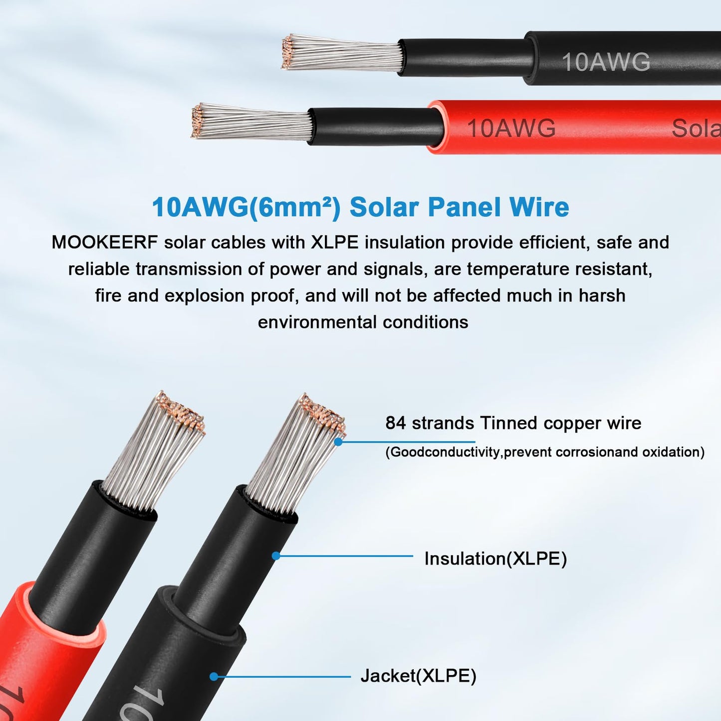 MOOKEERF Solar Panel Wire 10 AWG(6mm²) - Solar Extension Cable 50Ft Black & 50Ft Red 10 Gauge Tinned Copper PV Wire for Outdoor Automotive RV Boat Marine (Black+Red)