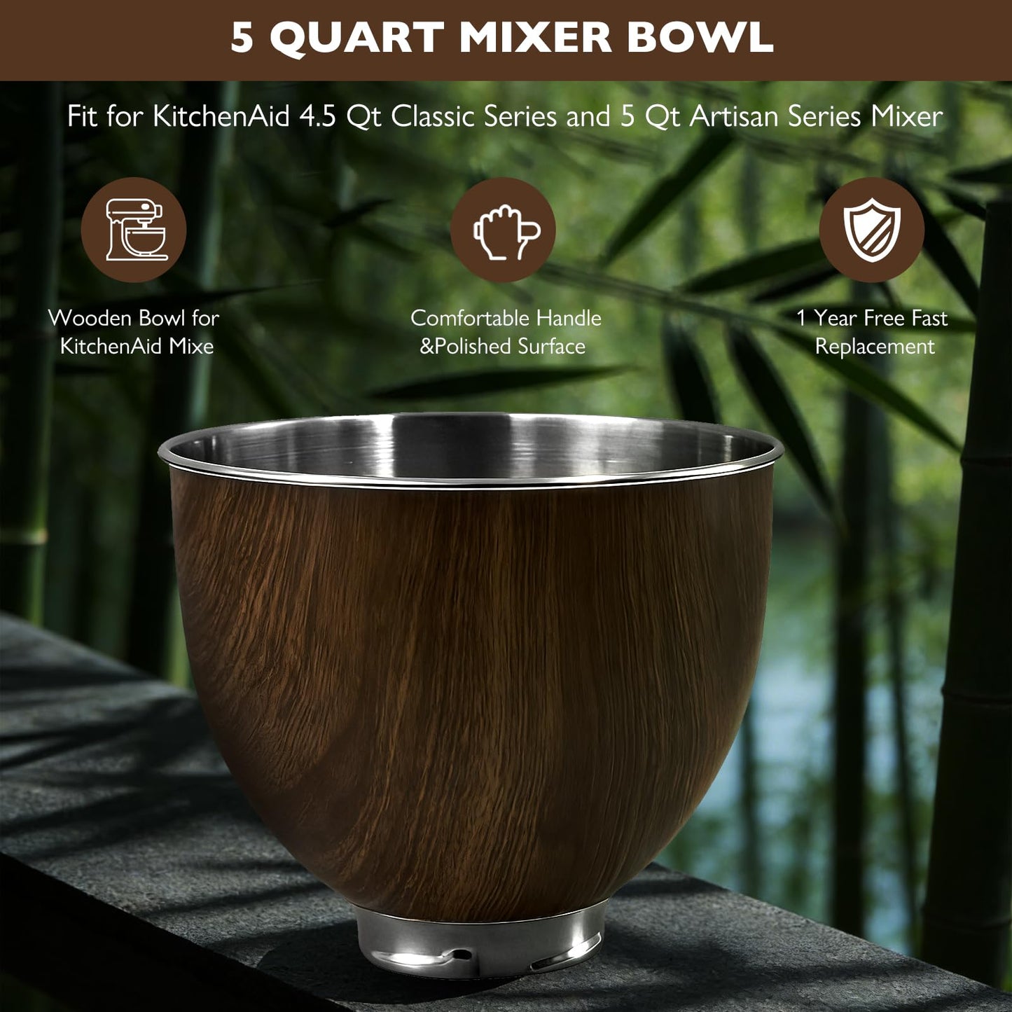Premium Wood Mixing Bowl, Compatible with 4.5-5 Qt Tilt-Head Stand Mixers, Natural True Wooden Bowls,Suitable for K45SS, KSM75, KSM90, KSM100, KSM150, Dishwasher Safe, Heavy Duty, No Residue