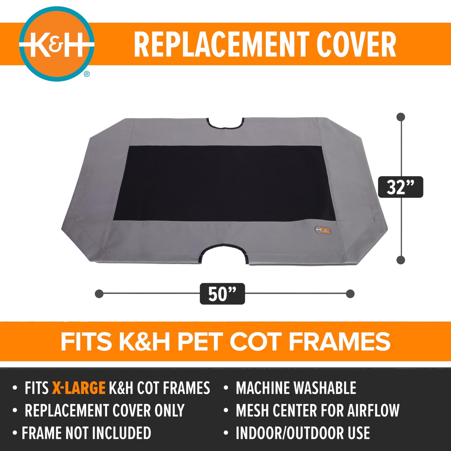 K&H Pet Products Dog Cot Replacement Cover, Designed to fit K&H XL Pet Cots (Sold Separately), Indoor Outdoor, Breathable Cooling Mesh Center, Machine Washable - Extra-Large 50 X 32in Gray