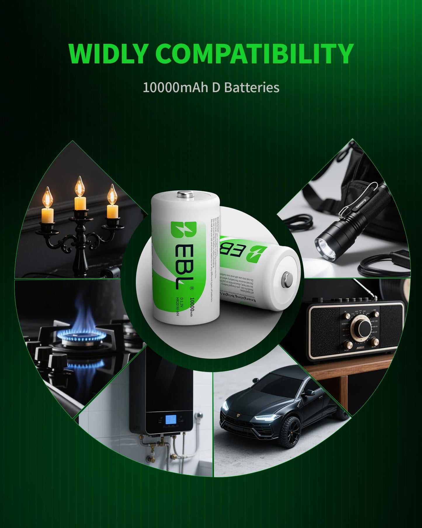 EBL D Rechargeable Batteries, 1.2V NiMH D Battery, 1500 Cycle Life, 10000mAh High Capacity, Included Battery Case (Pack of 4)