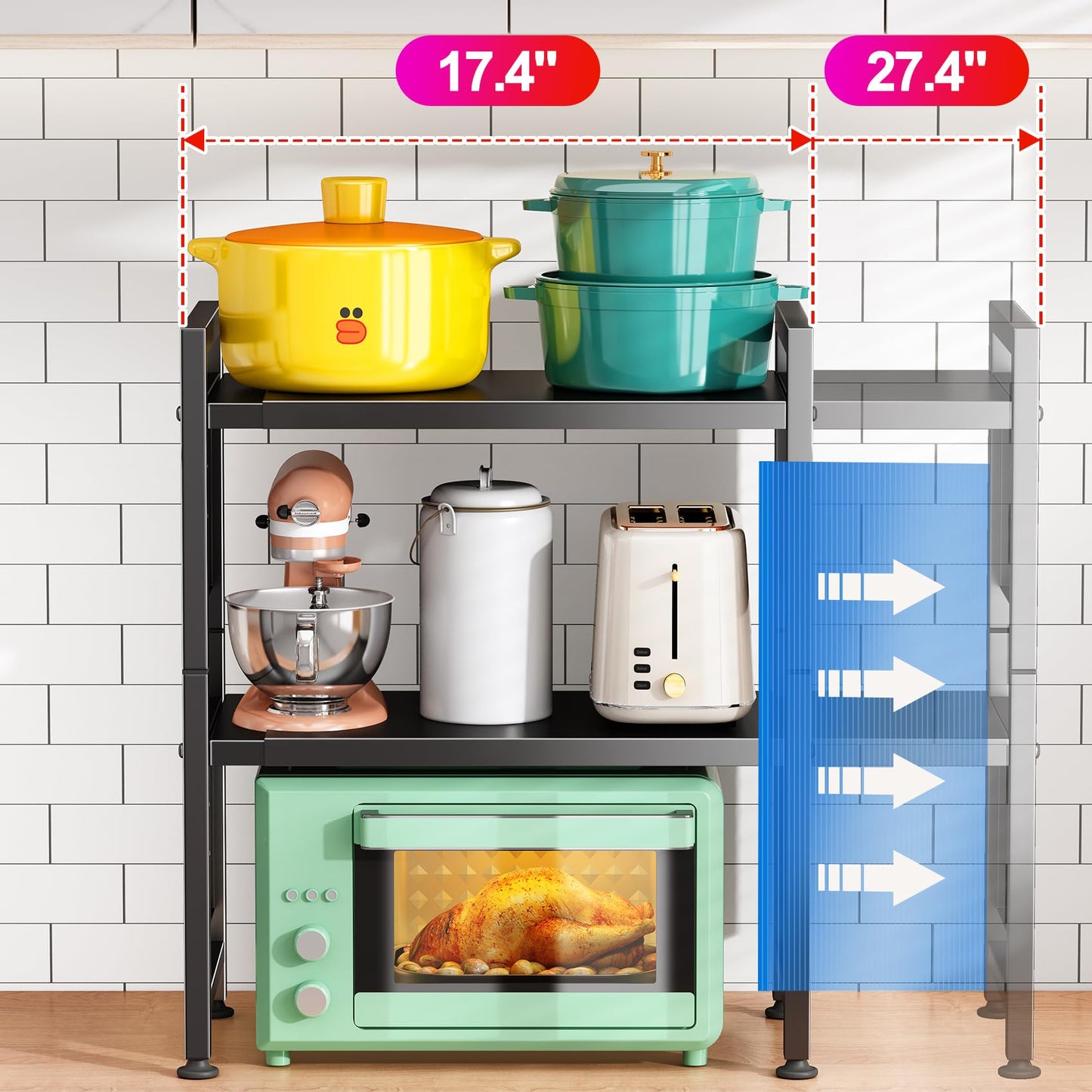 Expandable Microwave Stand,Heavy Duty 3-Tier Adjustable Height Microwave Oven Rack with 9 Hooks, Towel Rack, and Cutting Board Holder, Countertop Kitchen Shelf Organizer, Holds up to 180 lbs, Black