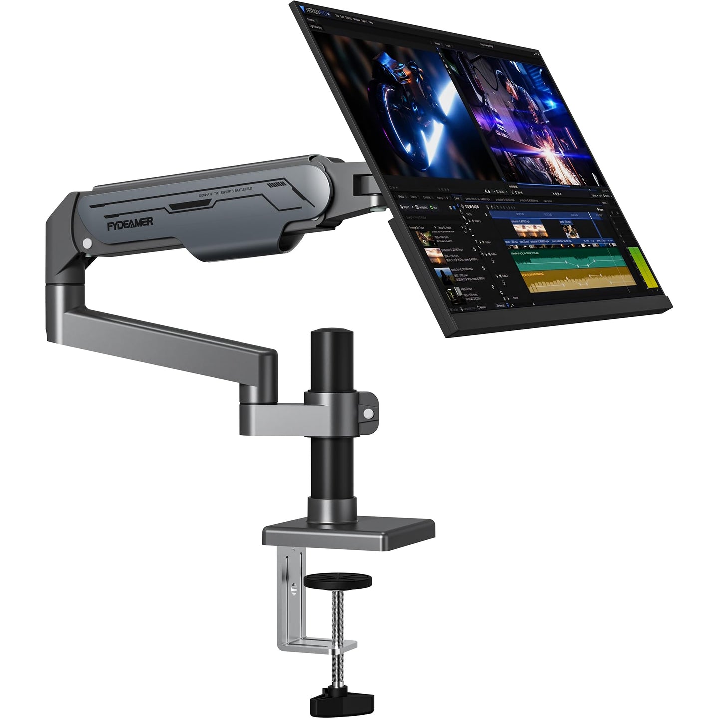 Fydeamer Single Monitor Arm, Heavy Duty Gas Spring Mount with Height Adjustment & Tilt for 17-32 Inch Screens up to 19.8 lbs, Adjustable VESA Desk Mount with Dual Installation Options, Gray & Black
