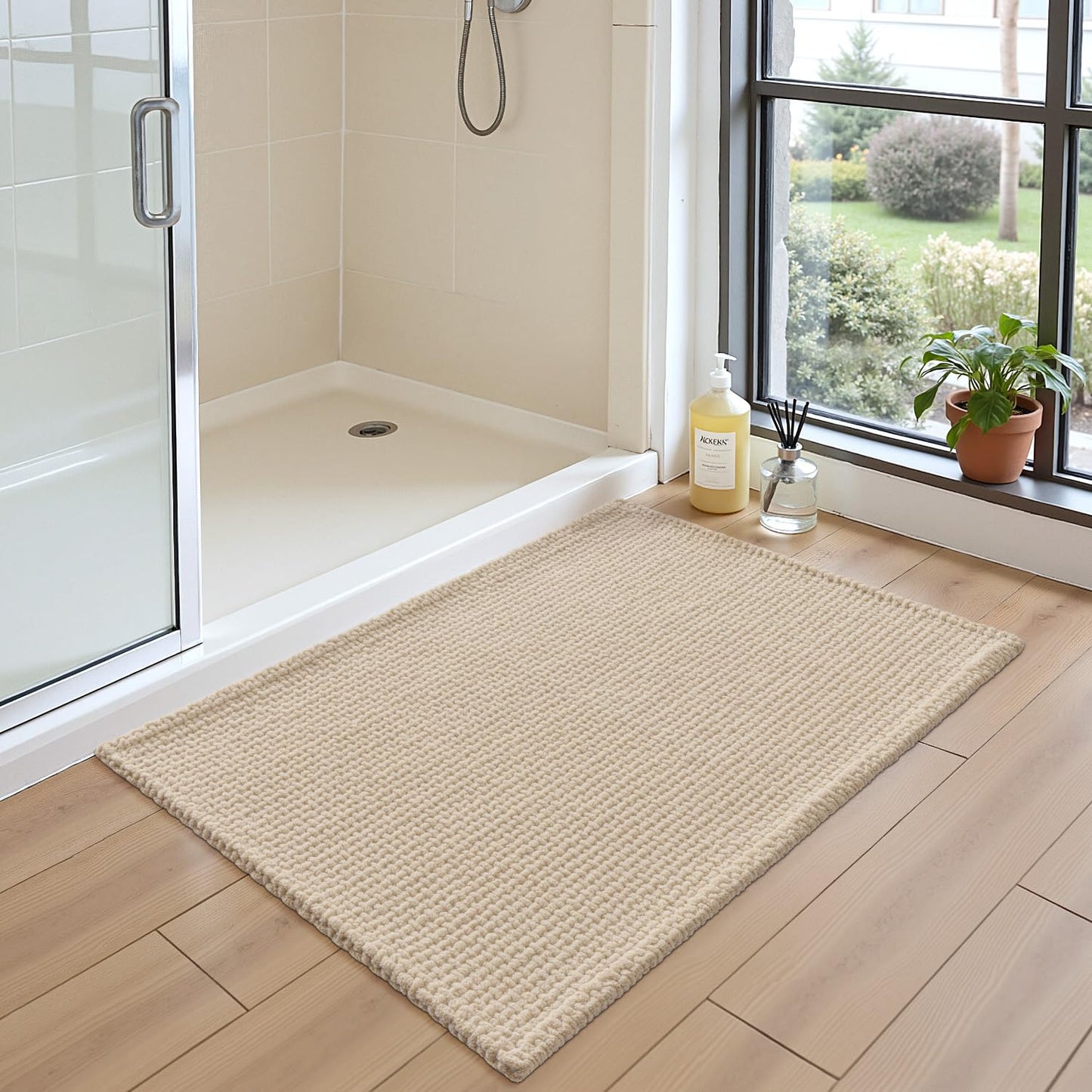 DEXI Bath Mat 24x36 Soft Absorbent Chenille Rug for Bathroom, Non Slip Washable Bathmat Shower Floor Carpet for Tub, Sink, Beige