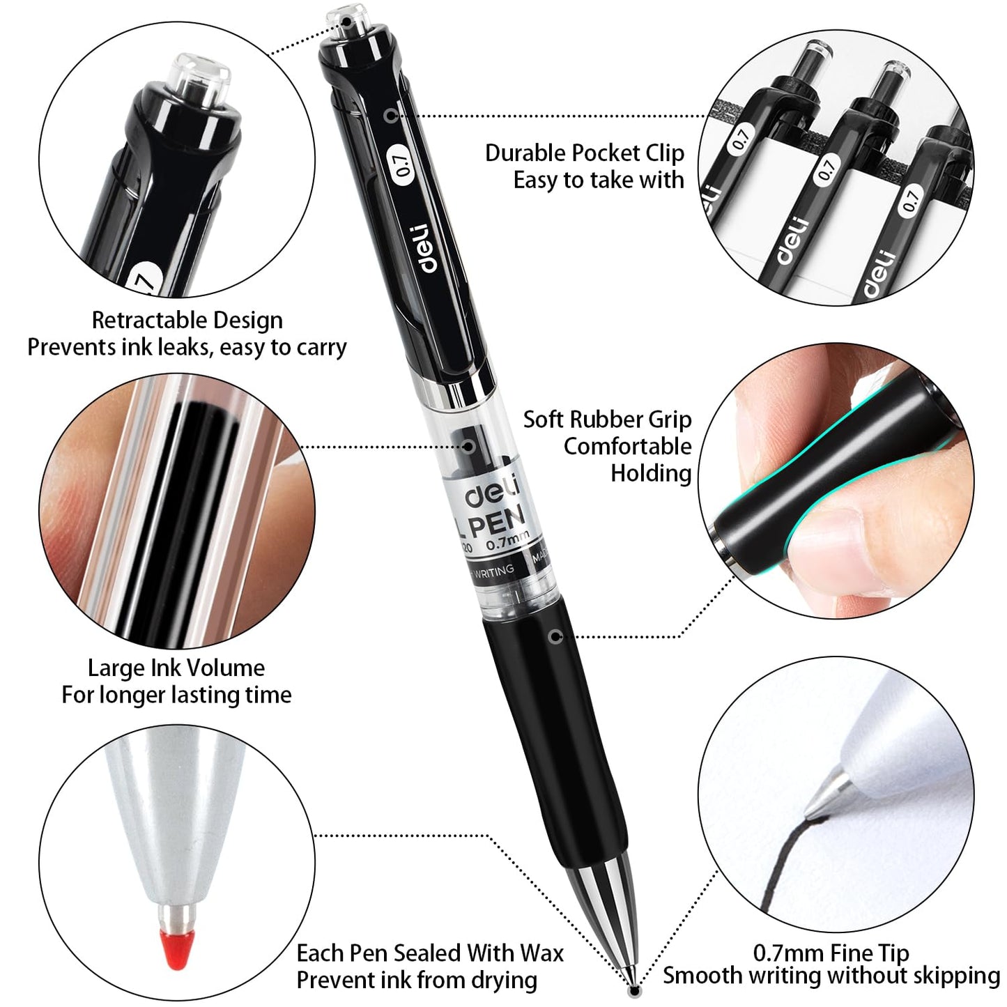 Deli Gel Pens, 100 Pcs Retractable Pens Black Ink, Medium Point Pen 0.7mm, Smooth Writing, Fast Dry, No Bleed for Journaling Note Taking, Home School Office Supplies