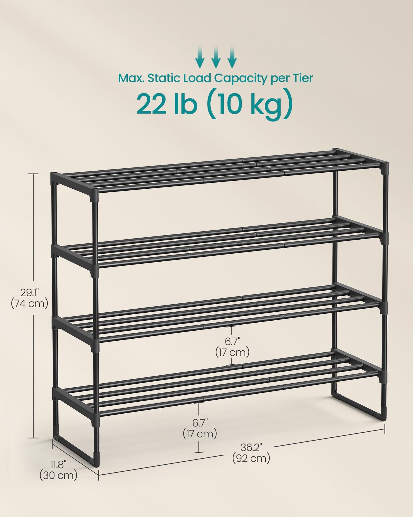 SONGMICS Shoe Rack, 4-Tier Shoe Organizer, Sturdy Storage Shelf, Upright or Upside Down, for 20-25 Pairs, Stackable, for Entryway, 30 x 92 x 75 cm, Black ULSA14BK
