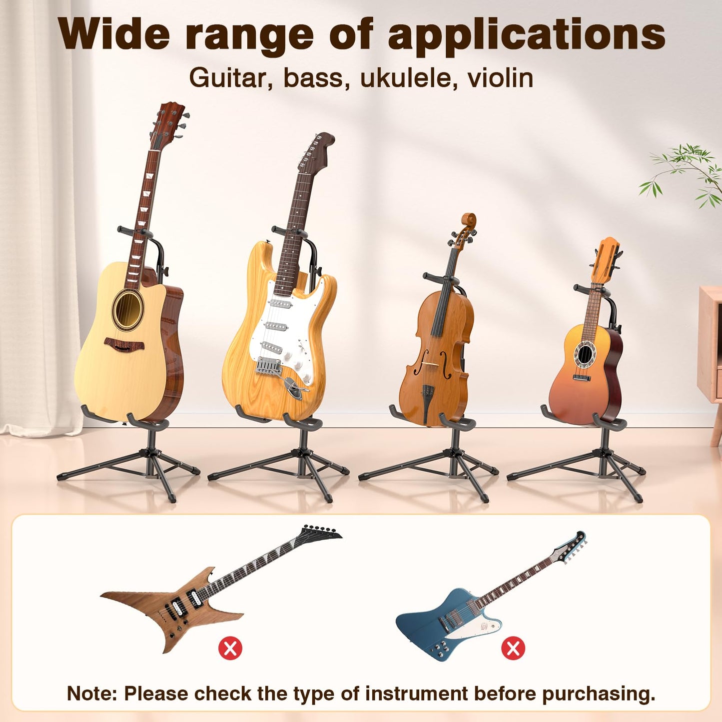 New bee Guitar Stand, 2 Pack Height Adjustable Foldable Guitar Stand with Secure Support for Acoustic, Electric, Bass and Banjos, Load Capacity 20LB
