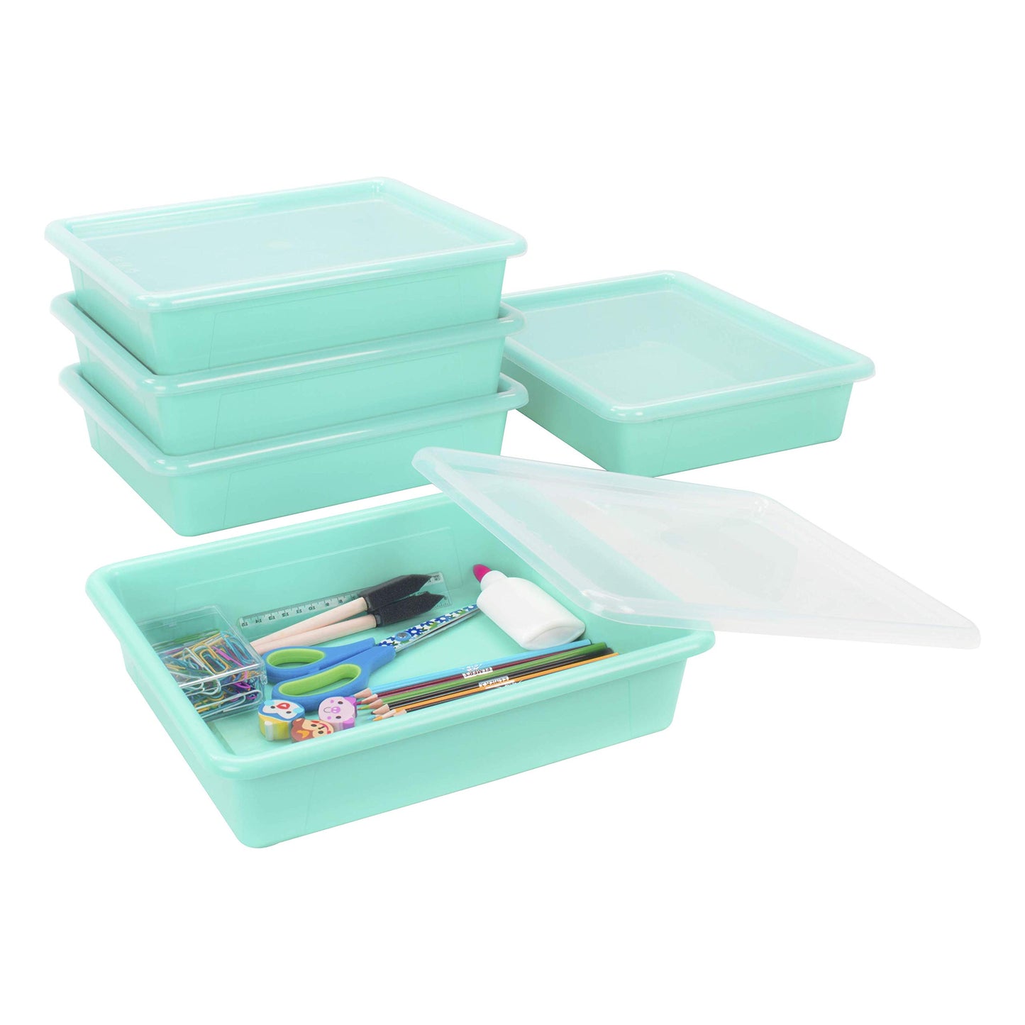 Storex Flat Storage Tray with Lid, Letter Size, 10 X 13 X 3 Inches, Teal, 5-Pack (62541U05C)