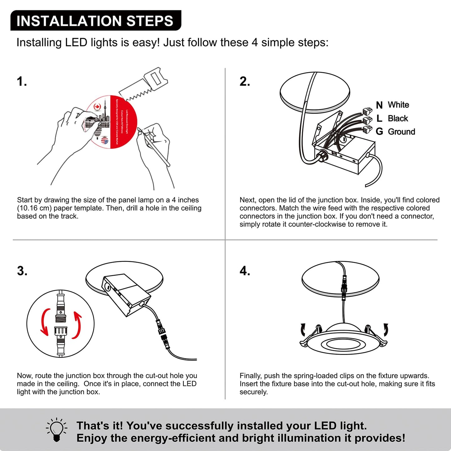 4 Pack Black LULIT 4-inch 5 CCT Gimbal LED Recessed/Downlight Color Selectable 2700K/3000K/3500K/4000K/5000K 800Lm 9W 120V Dimness Adjustable LED Lights