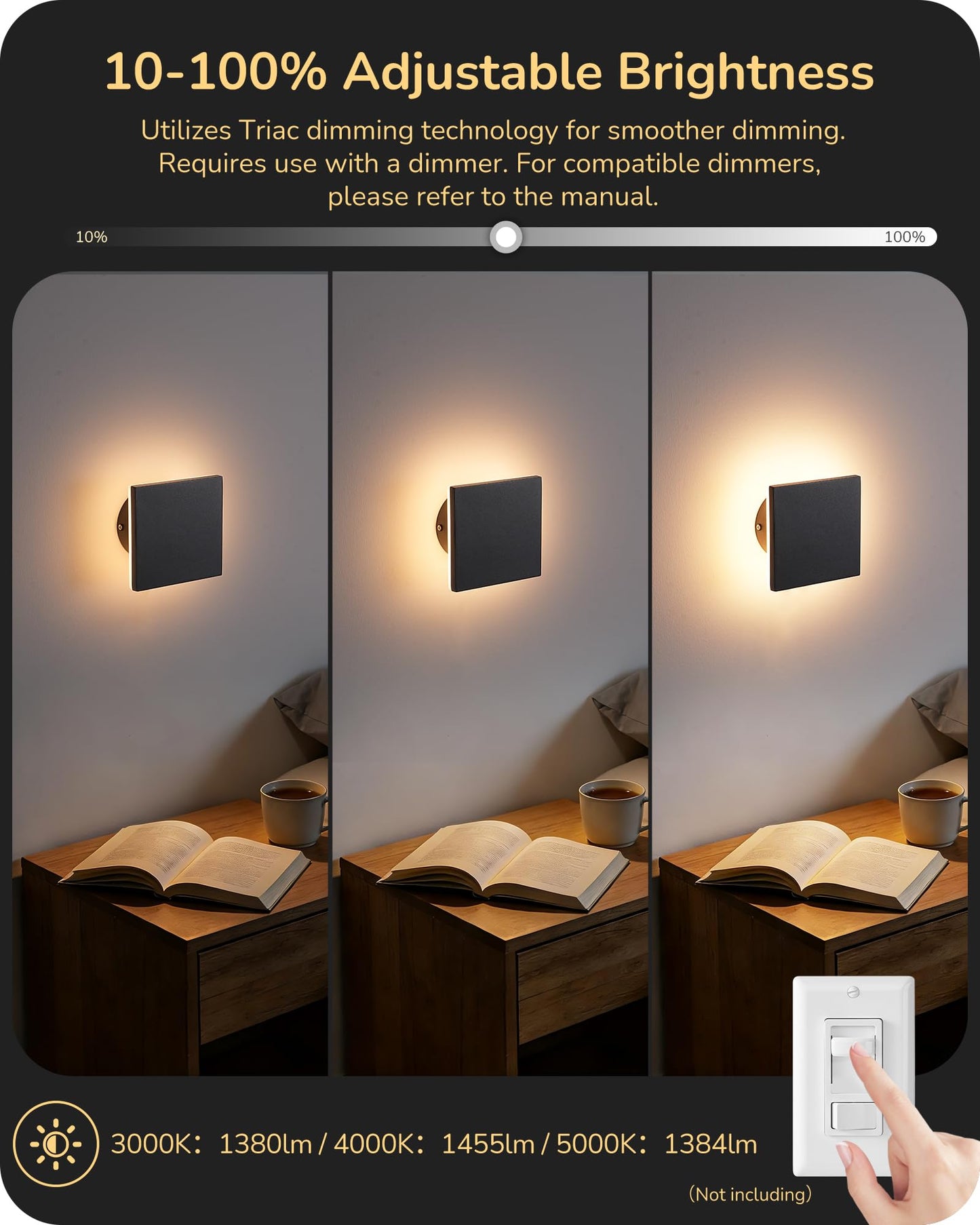 EDISHINE LED Outdoor Wall Lights, Dimmable Exterior Lighting Fixtures, 3000K-5000K, IP65 Waterproof Modern Outside Wall Sconce, 360° Backlit Square Aluminum Mini Porch Light, Black, 2 Pack