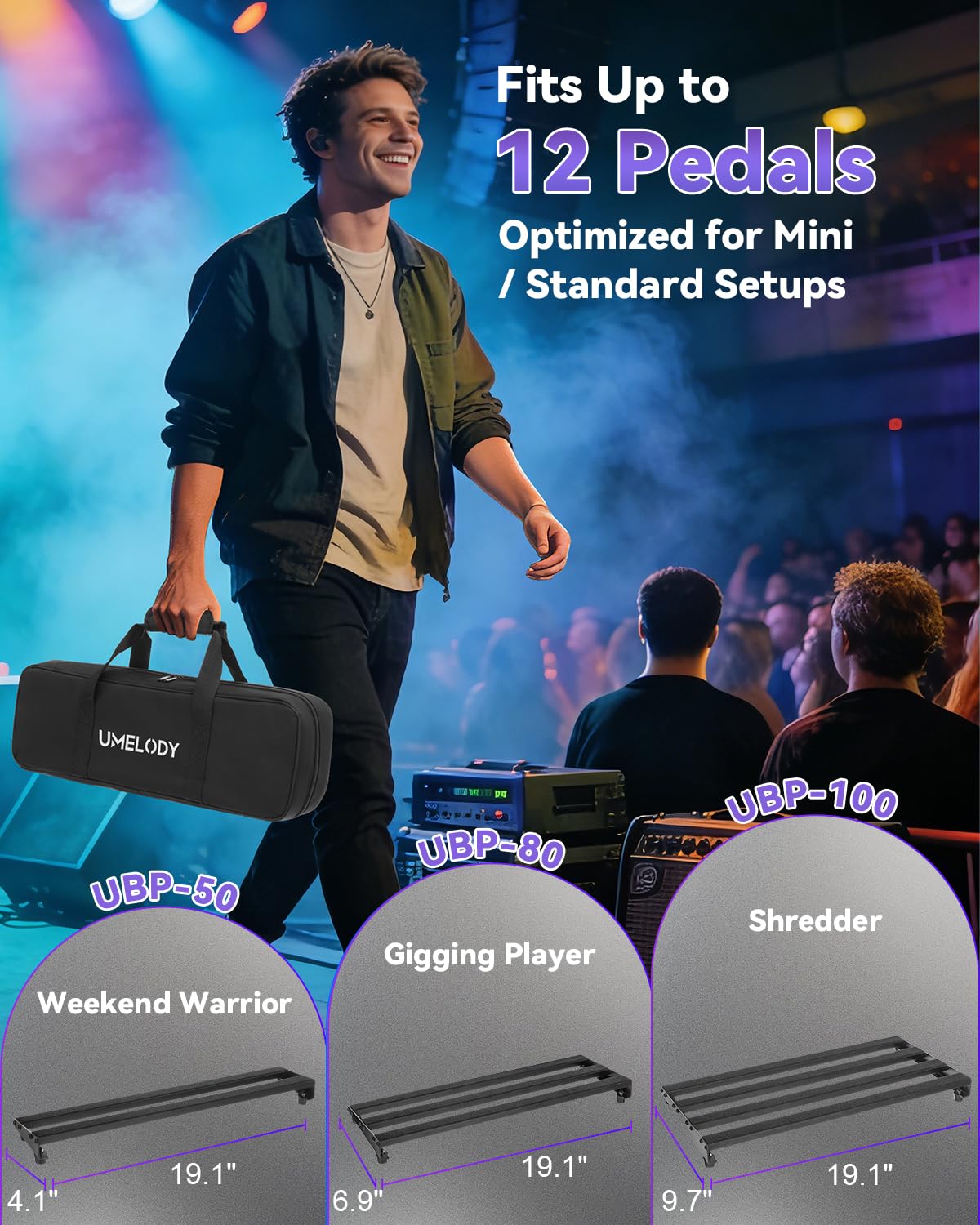 Guitar Pedal Board with Padded Carry Bag, 19.1"x6.9" Aluminum Alloy Pedalboard for 6-12 Standard Pedals, Medium Stompbox Holder for Electric Guitar & Bass, Hook & Loop Tapes, UBP-80 Black
