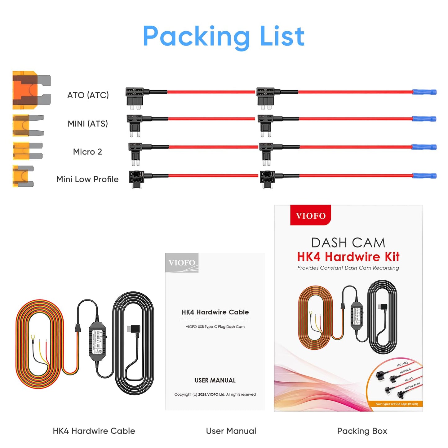 VIOFO HK4 Hardwire Kit with 8pcs Full Set Circuit Fuse Tap, Type-C Port, for A229Pro/A119Mini2/A329/A229Plus/A139Pro/WM1/T130 Dash Cam