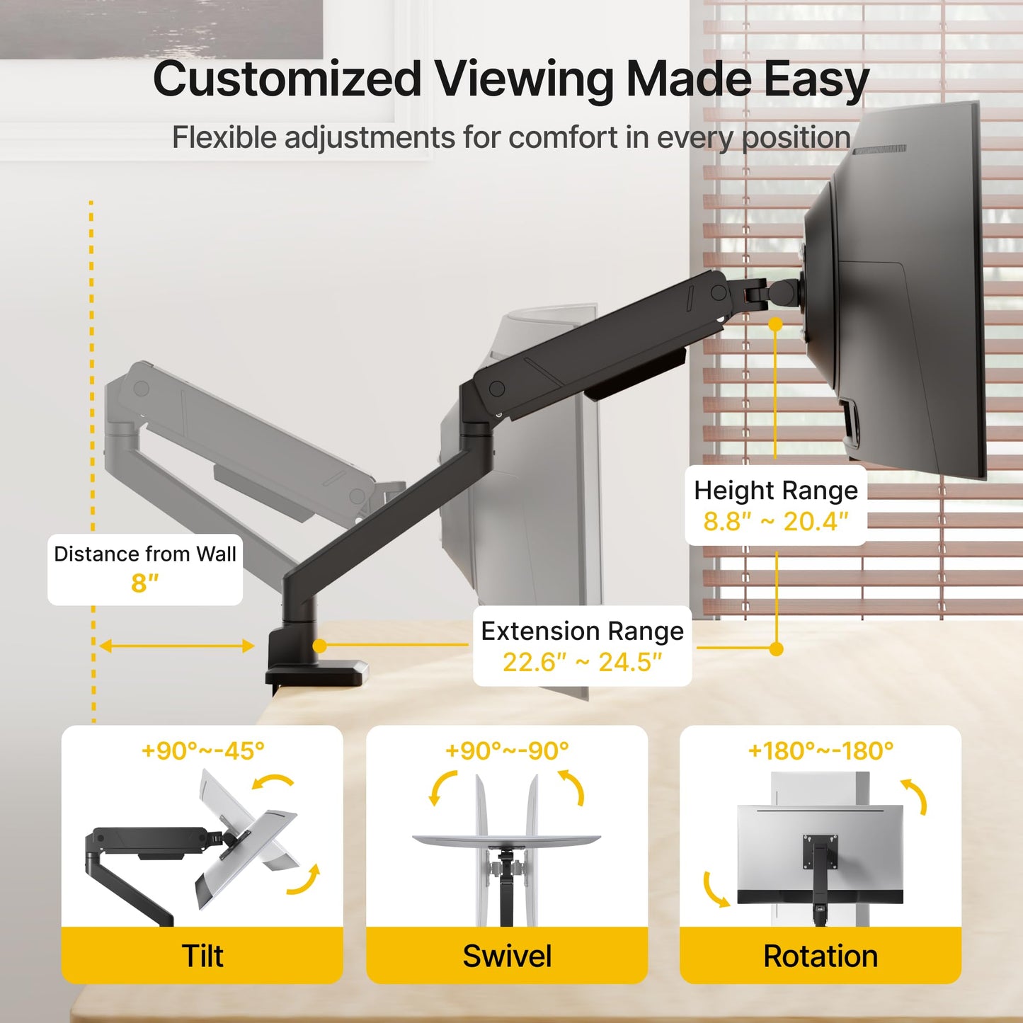 monTEK Single Monitor Arm for Max 45 Inch Ultrawide Screens Adjustable Monitor Desk Mount Holds 35 Lbs Cable Management with Clamp/Grommet Desk Mount, VESA 75/100mm, MA1007BK