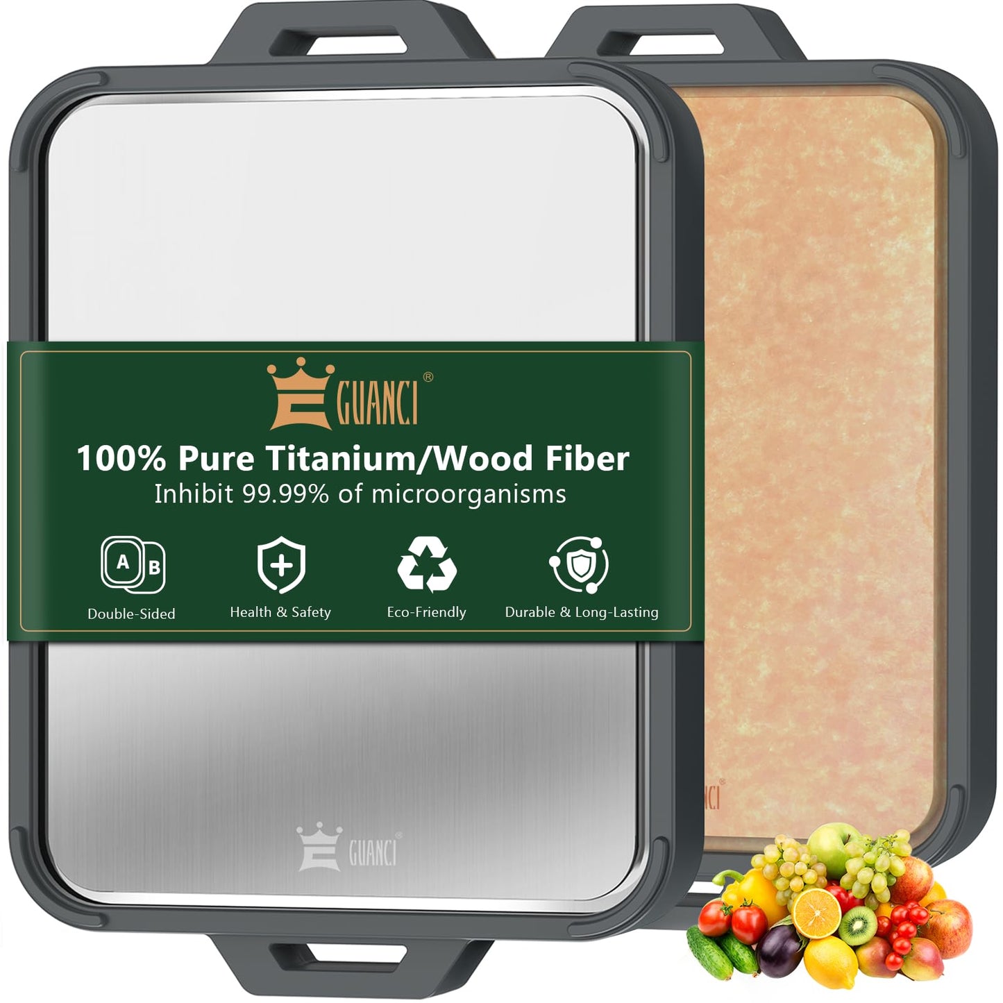 GUANCI Titanium Cutting Board for Kitchen Double Sided Chopping Board Food-Grade Pure Titanium/Wood Fiber Composite with Juice Groove Dishwasher Safe for Meat/Vegetables/Fruit 16" L x 11" W