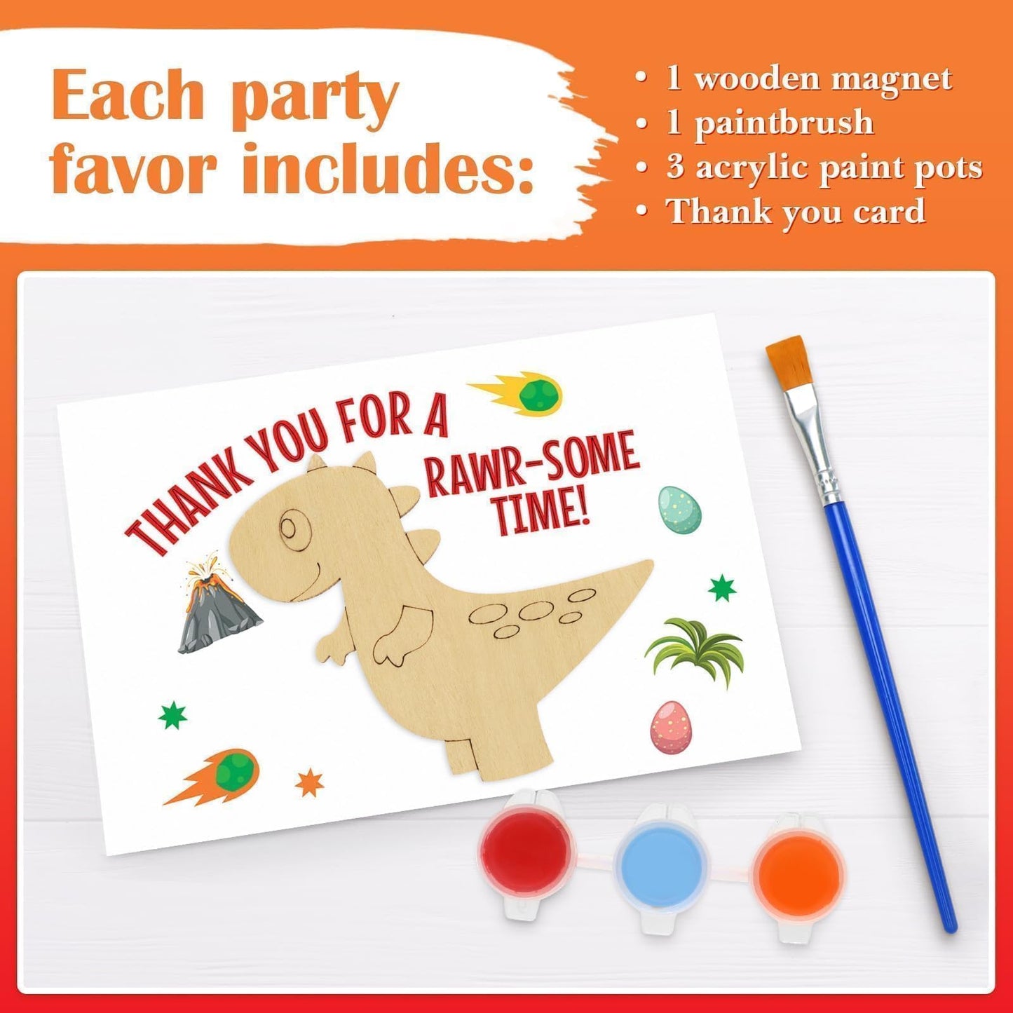 12-Pack Pre-Packaged Dinosaur Party Favors for Kids, Wooden Dinosaur Cutouts with Magnets & Painting Kits, Thank You Gifts for Guests, Dino Theme Birthday Party Decorations