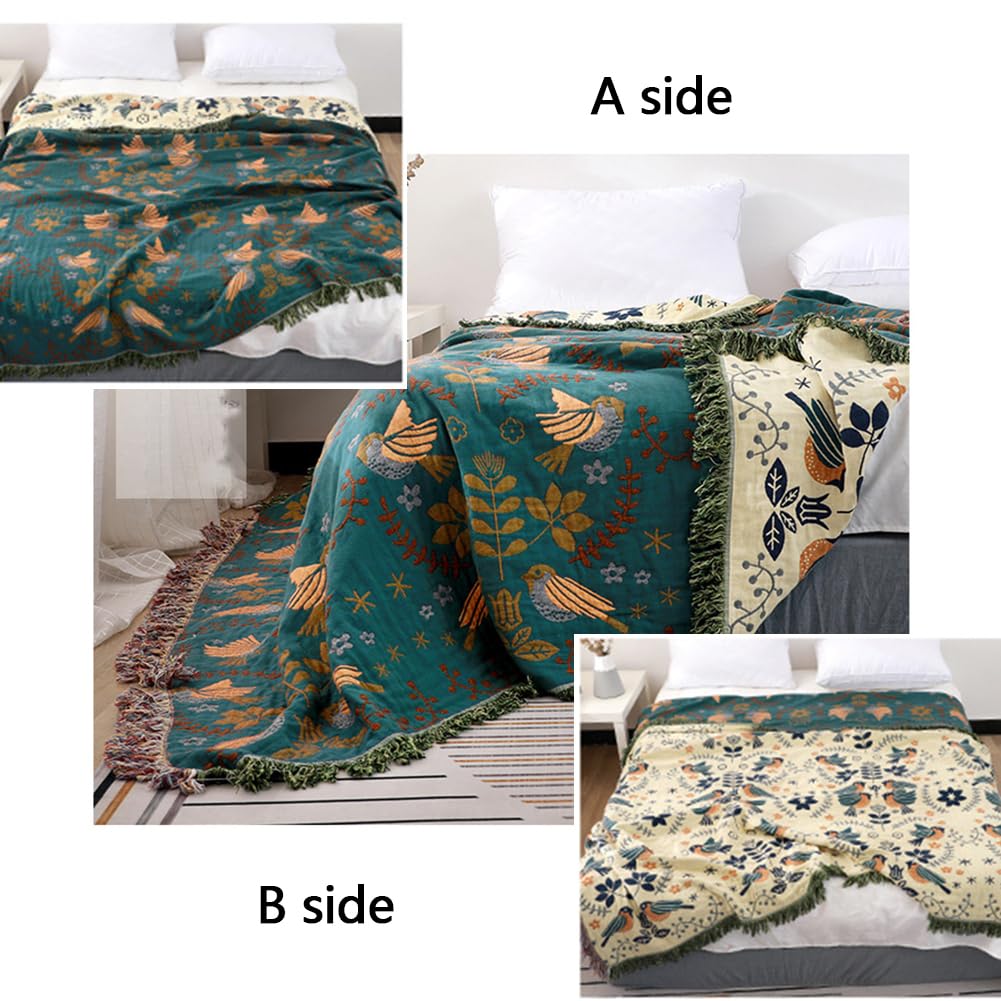 Boho Throw Blanket for Bed - 100% Cotton Ultra Soft Rustic Quilt Blanket Blue Bird Floral Printed Decor Farmhouse Bed Blankets, Super Soft Warm All Season Blanket for Sofa Couch Bed Chair, 60"×80"