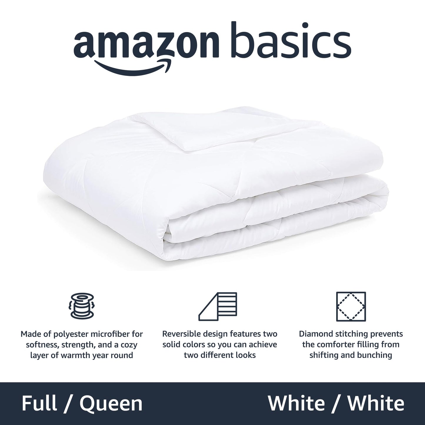 Amazon Basics Reversible, Lightweight Microfiber Comforter Blanket - Full / Queen, White