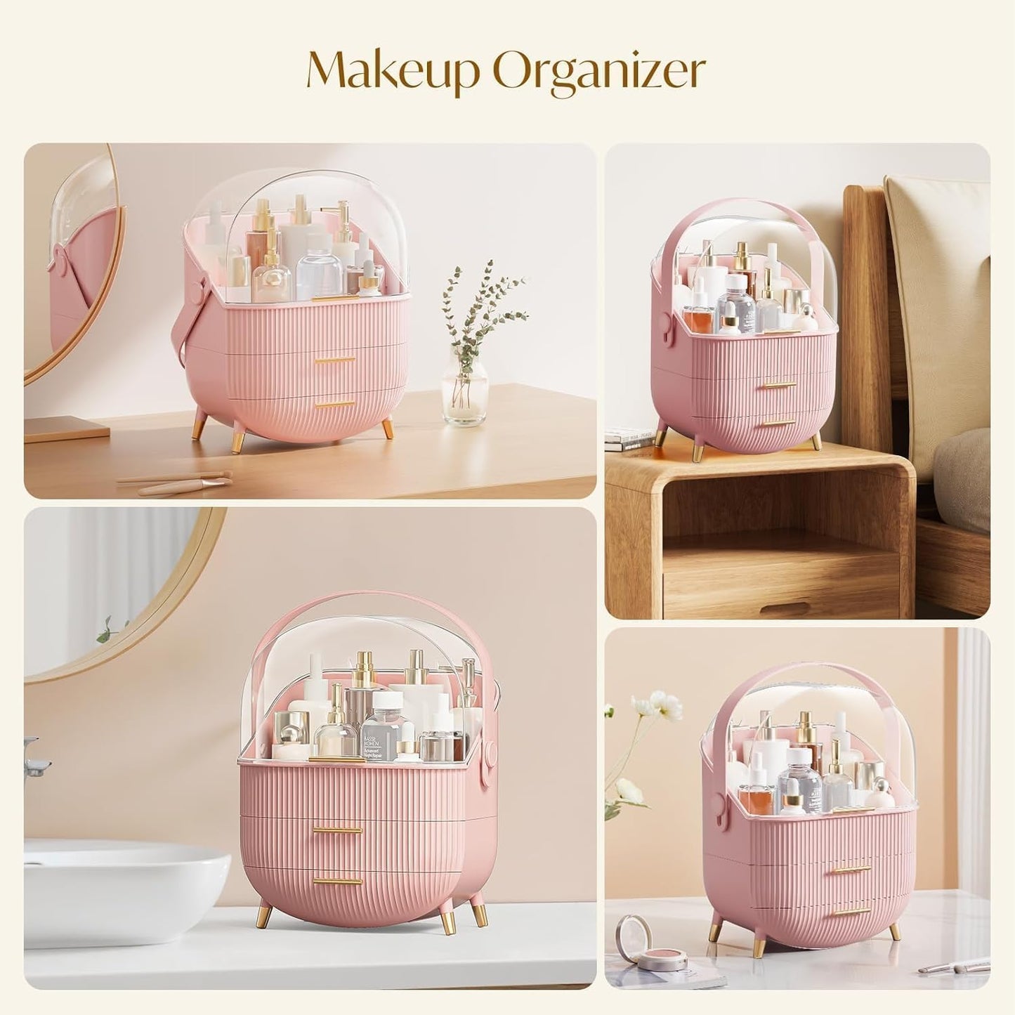 Rusunde Makeup Organizers, Skincare Organizer for Vanity,Portable Cosmetic Display case, Makeup Caddy for Dorm,Bathroom,Dresser Cosmetic Storage Box (Pink)