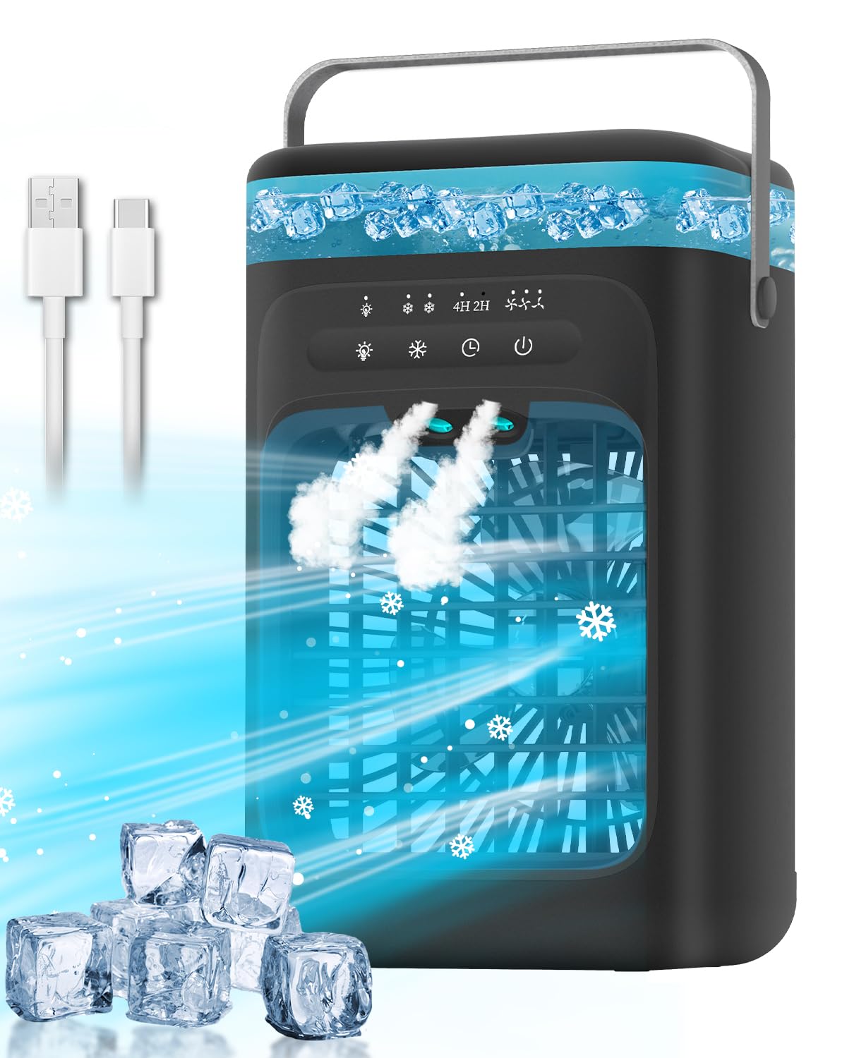 Portable Air Conditioner, 4-in-1 Evaporative Air Cooler, Personal Cooling Fan with 3 Speeds, 2 Mist Modes, 7 LED Night Light, 2-4H Timer