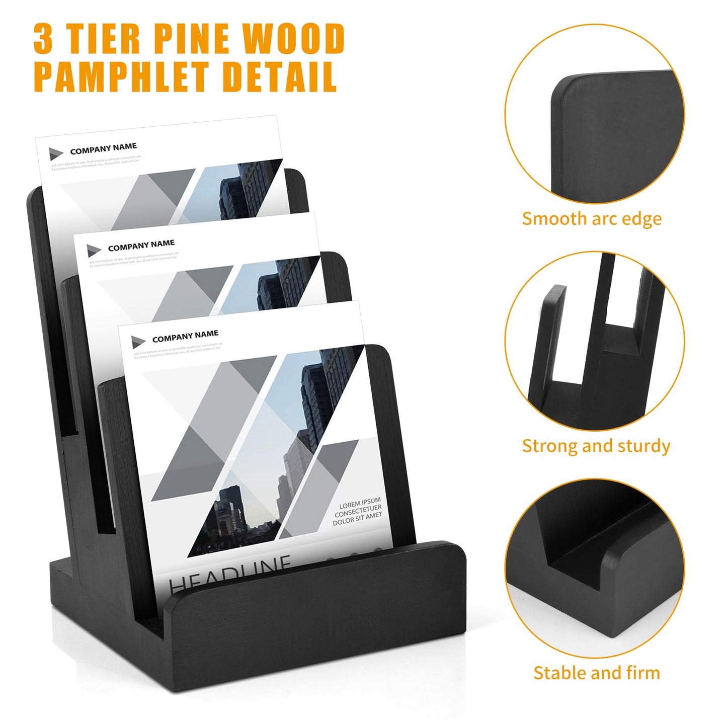2 Pieces 6 x 9 Wood Brochure Holder 3 Tier Pamphlet Display Stand Black Brochure Display Stand Postcard Holder Flyer Holder Magazine Rack Literature Stand Book Display for Desk Booklets Menu (2)