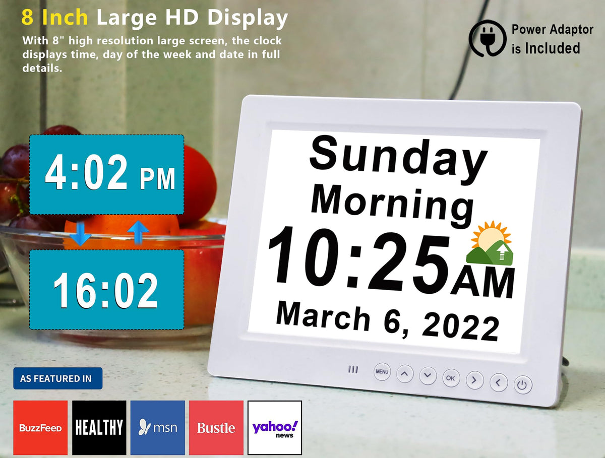 Large Calendar Clock for Seniors, 30 Alarms & Sun/Moon Icons, Day Date Week Clock with Remote Control, 6 Standard Themes, 20 Custom Reminders, 5 Languages, Auto Dimming, 12/24 Hours, auto DST