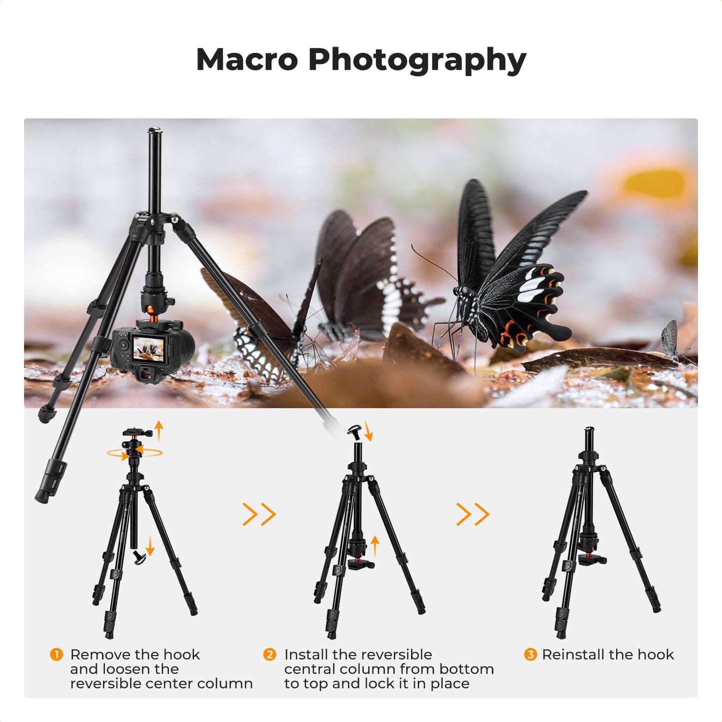 K&F CONCEPT 76 inch Camera Tripod with Rotatable Multi-Angle Center Column,Lightweight Travel Outdoor DSLR Tripods with 360 Degree Ball Head Load Capacity 8kg/17.6lbs, Cellphone Clips for Smartphone