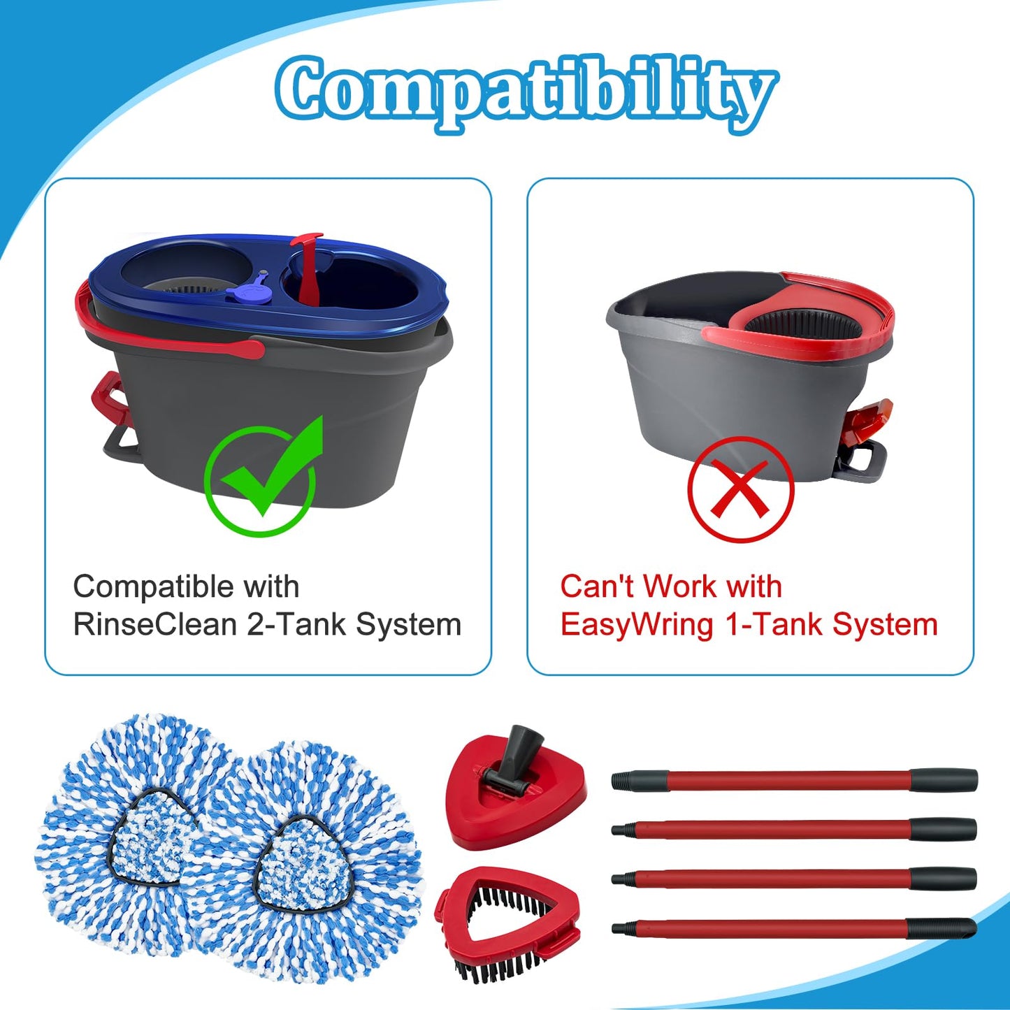 Spin Mop Handle, Mop Heads Replacements, Scrubber Head and Base Compatible with Vileda RinseClean Spin Mops & Bucket 2-Tank System, Mopping Stick and Head Replacement for Wet Dry Use Floor Cleaning