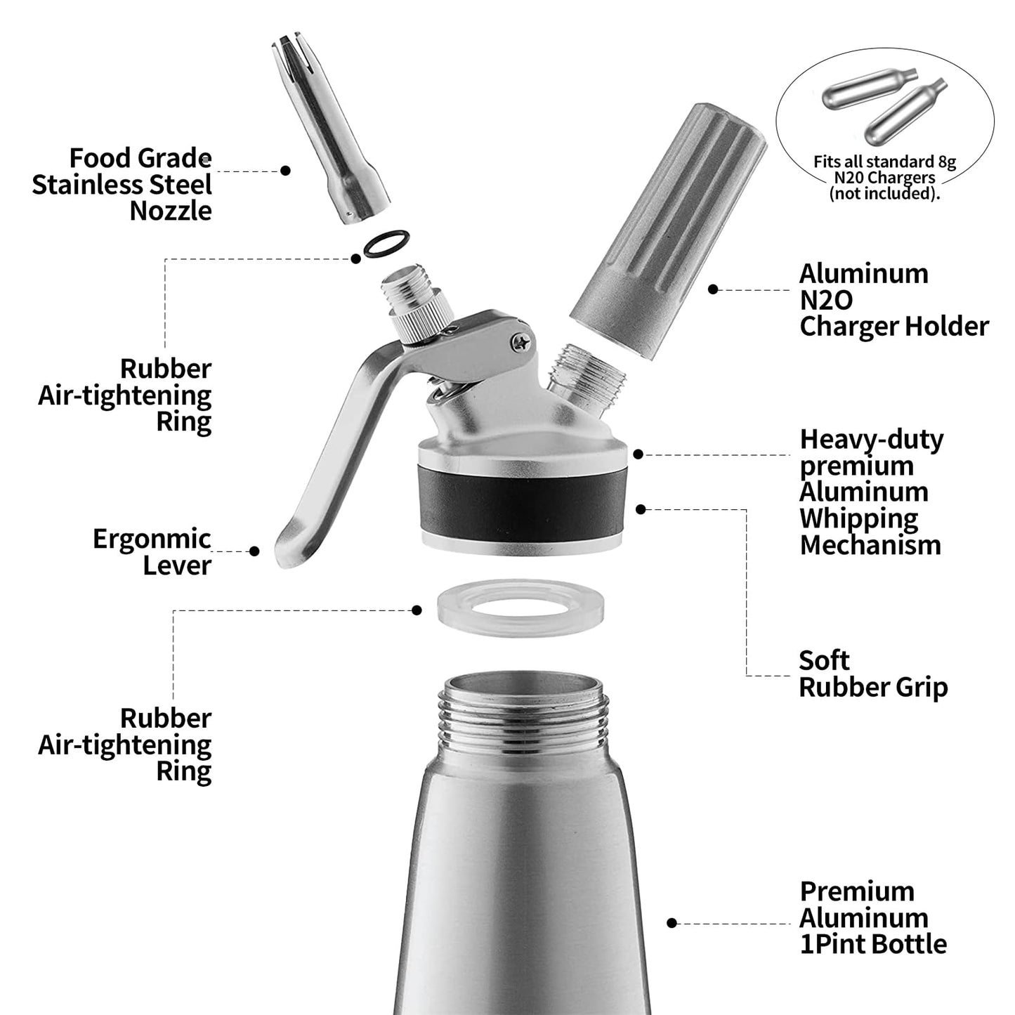ECO-WILL Professional Whipped Cream Dispenser, Durable Aluminum Cream Whipper with 2 Sets of Stainless Steel and Plastic Tips & Cleaning Brush,1-Pint / 500 mL