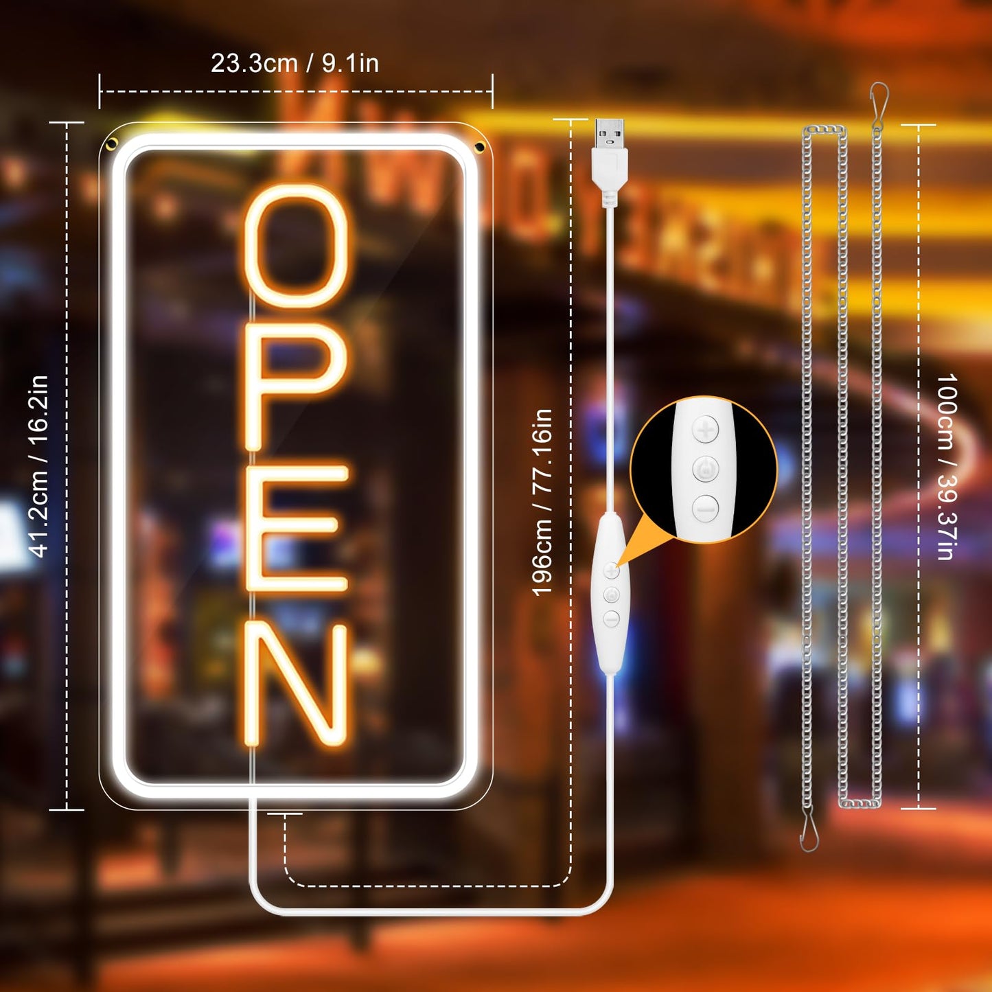 Super Bright Open Sign, 16"x 9" Dimmable LED Open Signs for Business Window, USB Powered Electric Light up Sign with On/Off Switch, Vertical Open Sign LED for Coffee shops Stores Restaurants Offices Bar