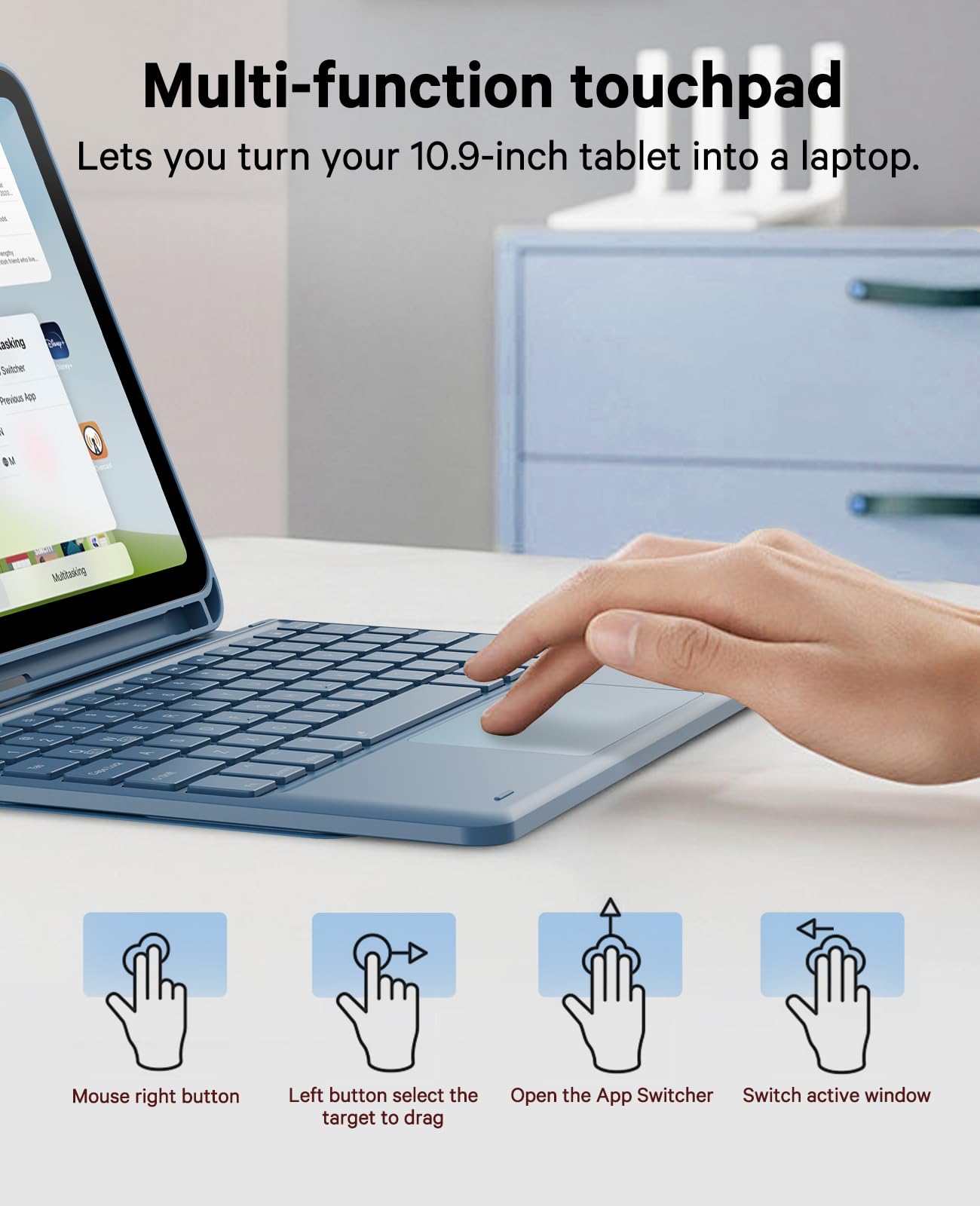 CHESONA Keyboard Case for iPad (A16) 11th 2025/10th Generation 10.9-inch 2022, 7 Color Backlight, Smart Trackpad, Flip Stand Case with Pencil Holder, 2 Wireless Channels for iPad 11th/10th, Steel Blue