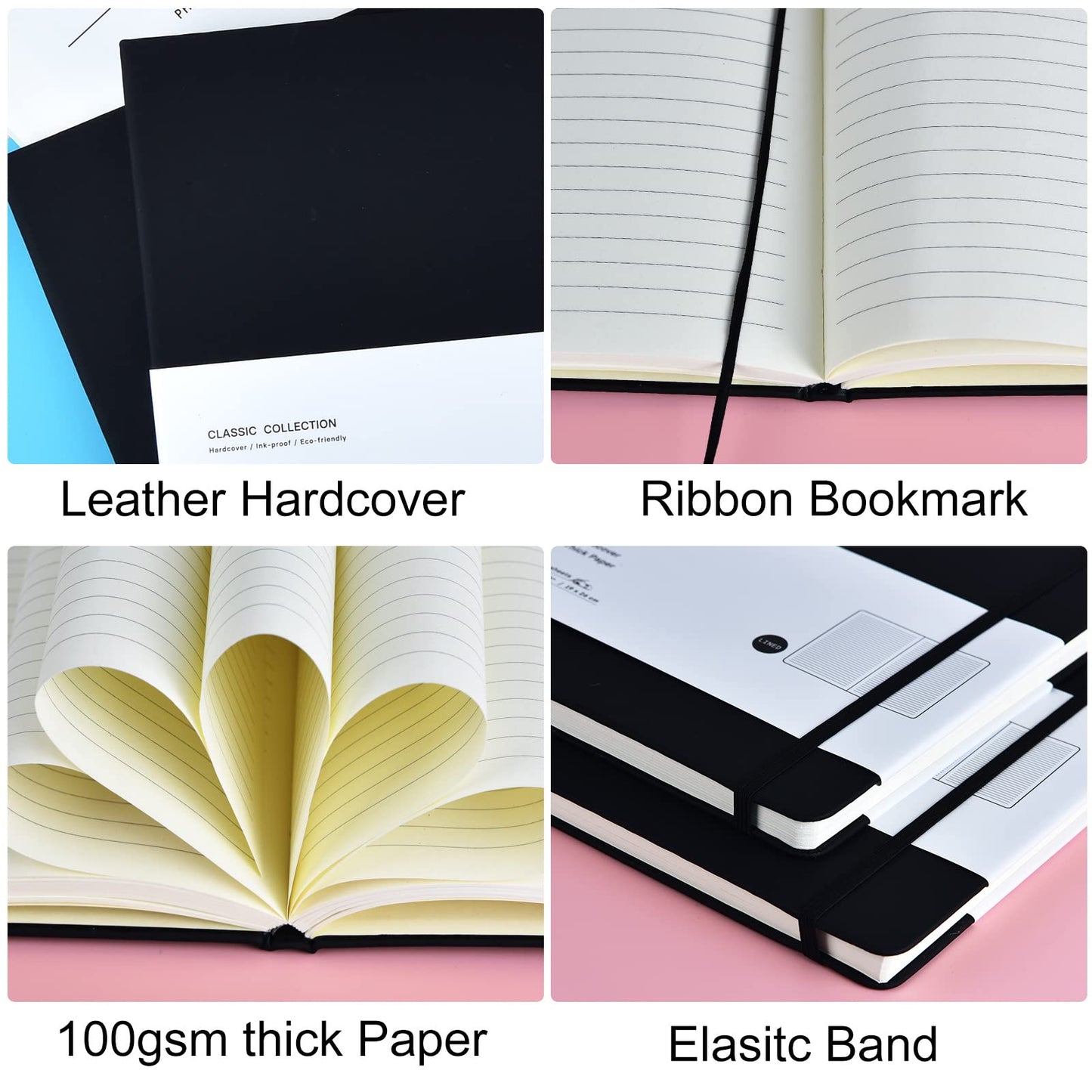 Coopay 6 Pack B5 Notebooks Journal College Ruled Composition Notebooks Classic Hardcover Lined Journals for Office Home School Business Writing Note Taking, 10.2" x 7.5", 100GSM Thick Paper (Black)