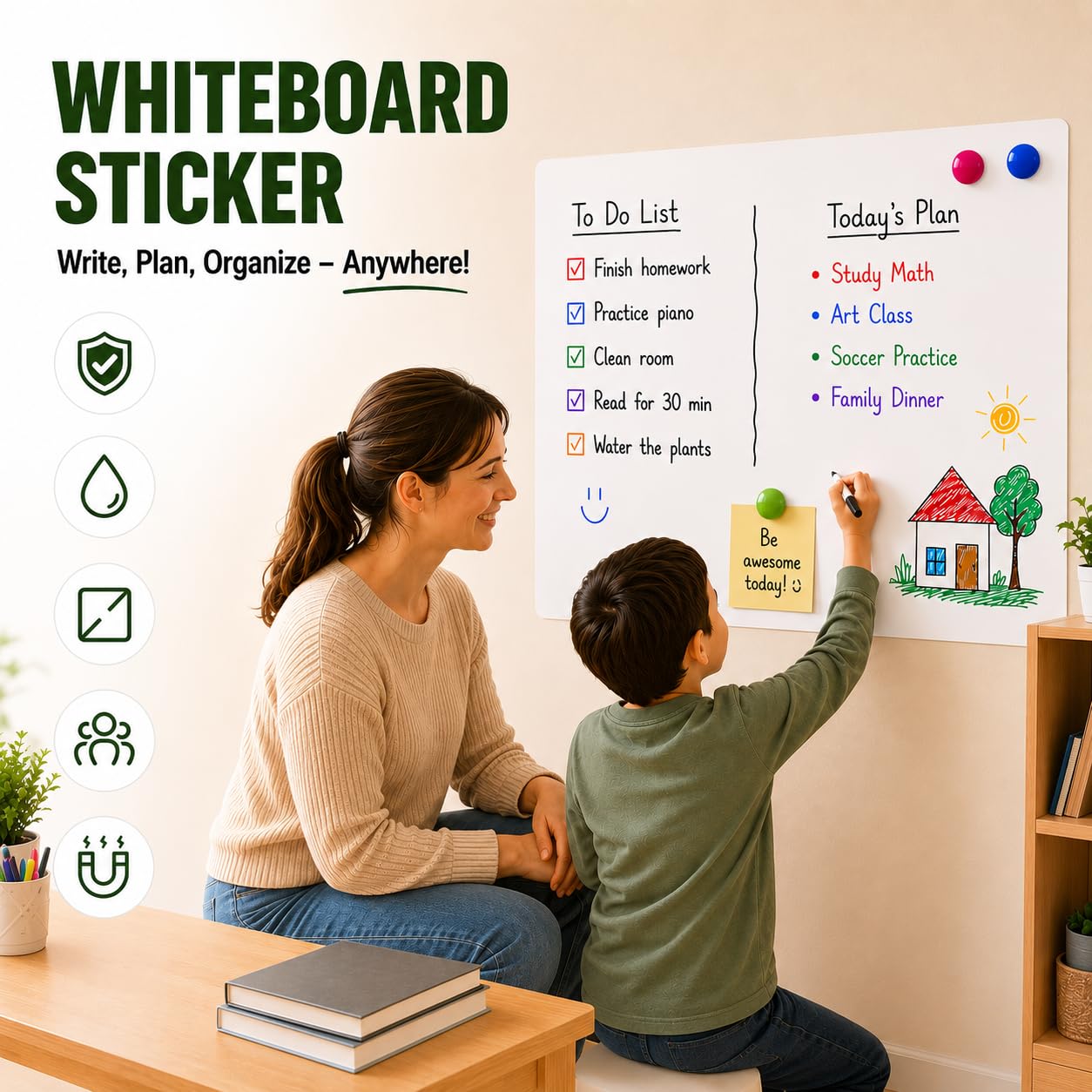 Babenoun Magnetic Whiteboard Contact Paper, 76 * 100cm(30" x 40" Stick on Magnetic Dry Erase White Board Sticker on Wall, Easy to Write for Drawing, School, Office, Kitchen Fridge