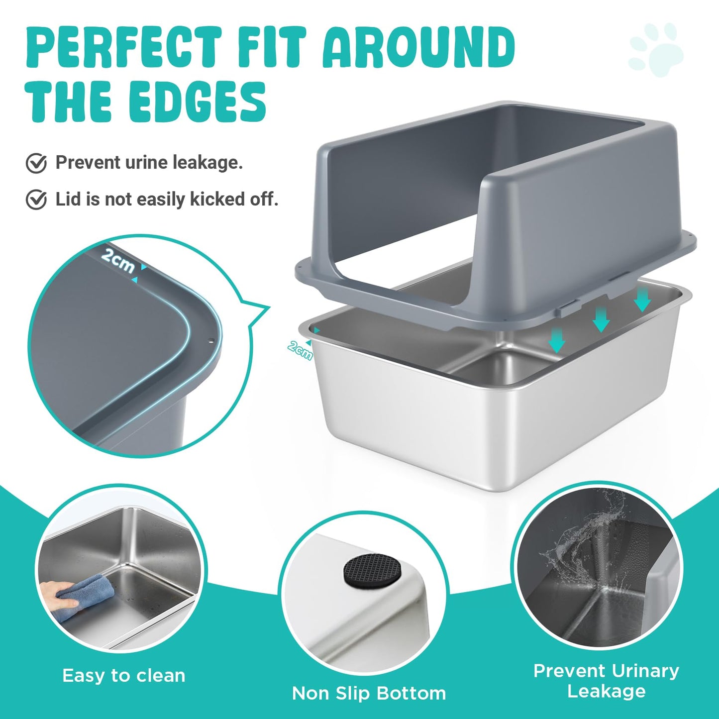 LIHOOOOM Stainless Steel Cat Litter Box,High Sided Enclosed Cat Litter Box Anti-Leakage,Non-Stick Litter Box with Lid,17.5" L x 13.5" W x 12" H(Grey)