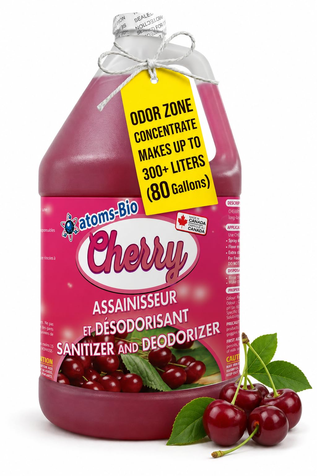 atoms-Bio CHERRY 3-in-1 Odor Eliminator & Sanitizer Concentrate – Industrial Cleaner & Deodorizer for Floors, Carpets, Bathrooms, Drains, Garbage, Pet Odors - CFIA Accepted - 3.78 L -Made in Canada