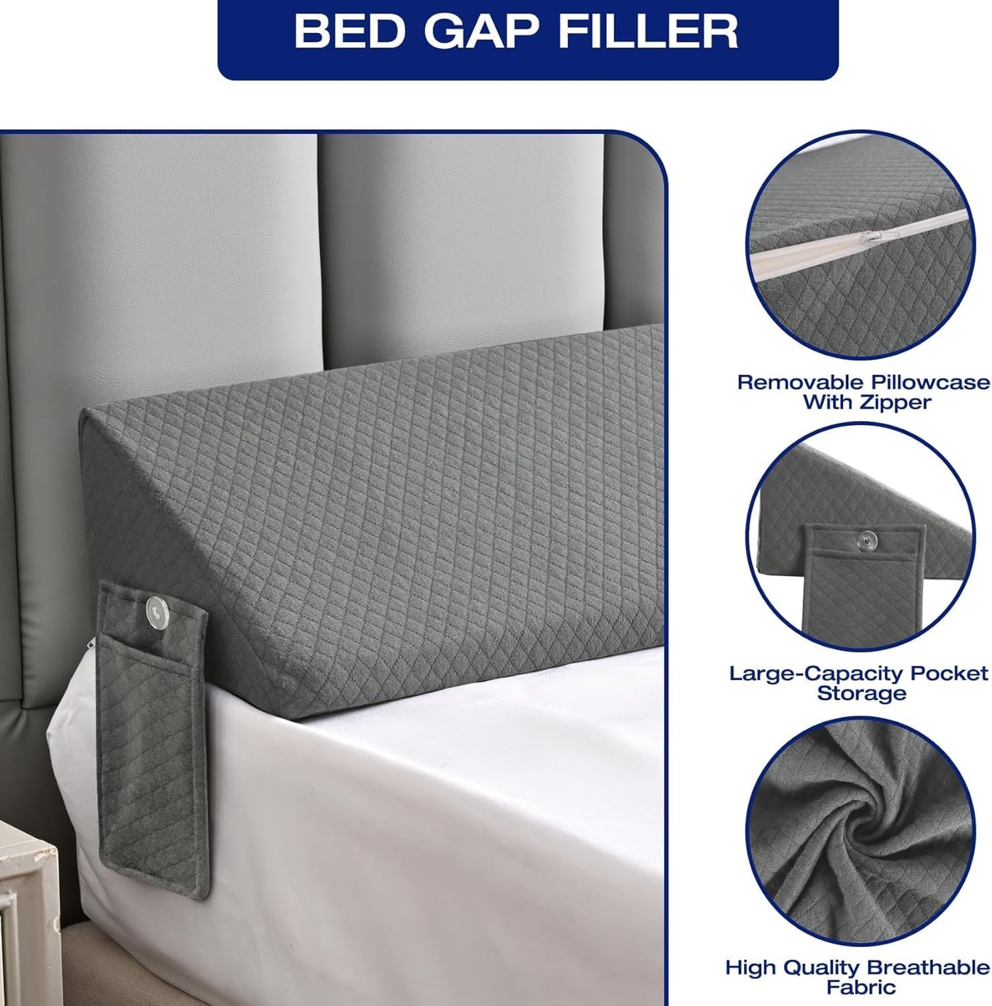 Bed Wedge Pillow for Headboard Gap Filler Mattress Gap Filler(0-8") Bed Wedge for Headboard Gaps Between Your Headboards and Mattress，Headboards Pillow (Grey, Queen(60"x6"x10"))