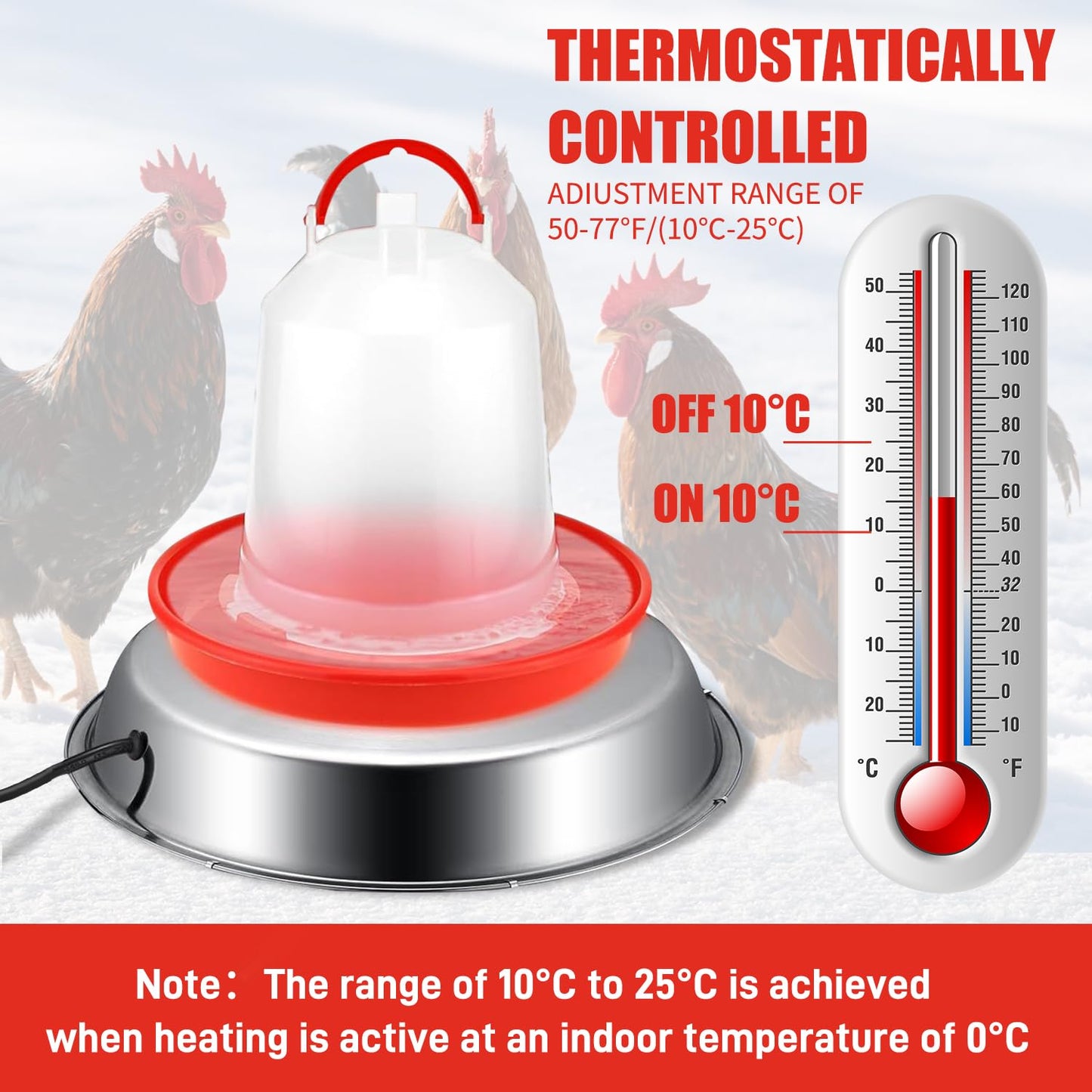 Chicken Water Heater, 11.8 Inch Stainless Steel Heated Chicken Waterer Base for Winter 5 Gallon with Thermostat Knob，with Anti-Bite Cable for Poultry Fountains Water Bowl Plastic Metal Waterer