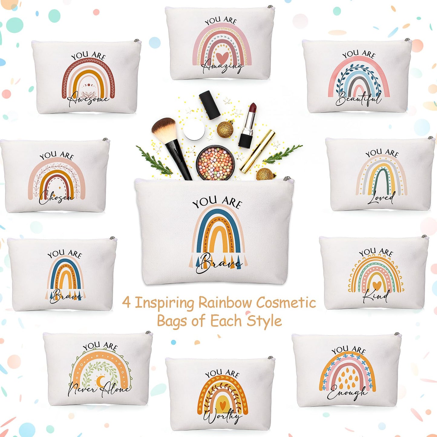 Coume 40 Pcs Rainbow Canvas Makeup Bags Bulk Inspirational Quotes Cosmetic Bag Pouches with Zipper Christmas Appreciation Gifts for Women Staff Coworker Teacher Nurses Birthday