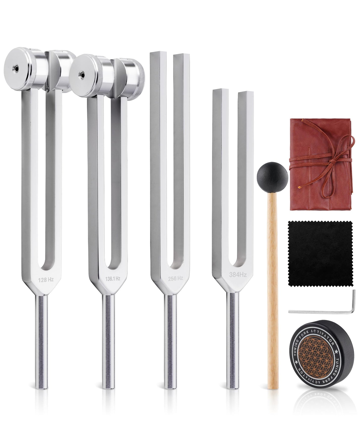 Tuning Forks for Healing Set-128Hz, 136.1Hz, 256Hz, 384Hz Weighted & Unweighted with Activator & Pouch-Complete Sound Therapy Kit for Chakra Balancing, Yoga, Meditation, Stress Relief & Energy Healing