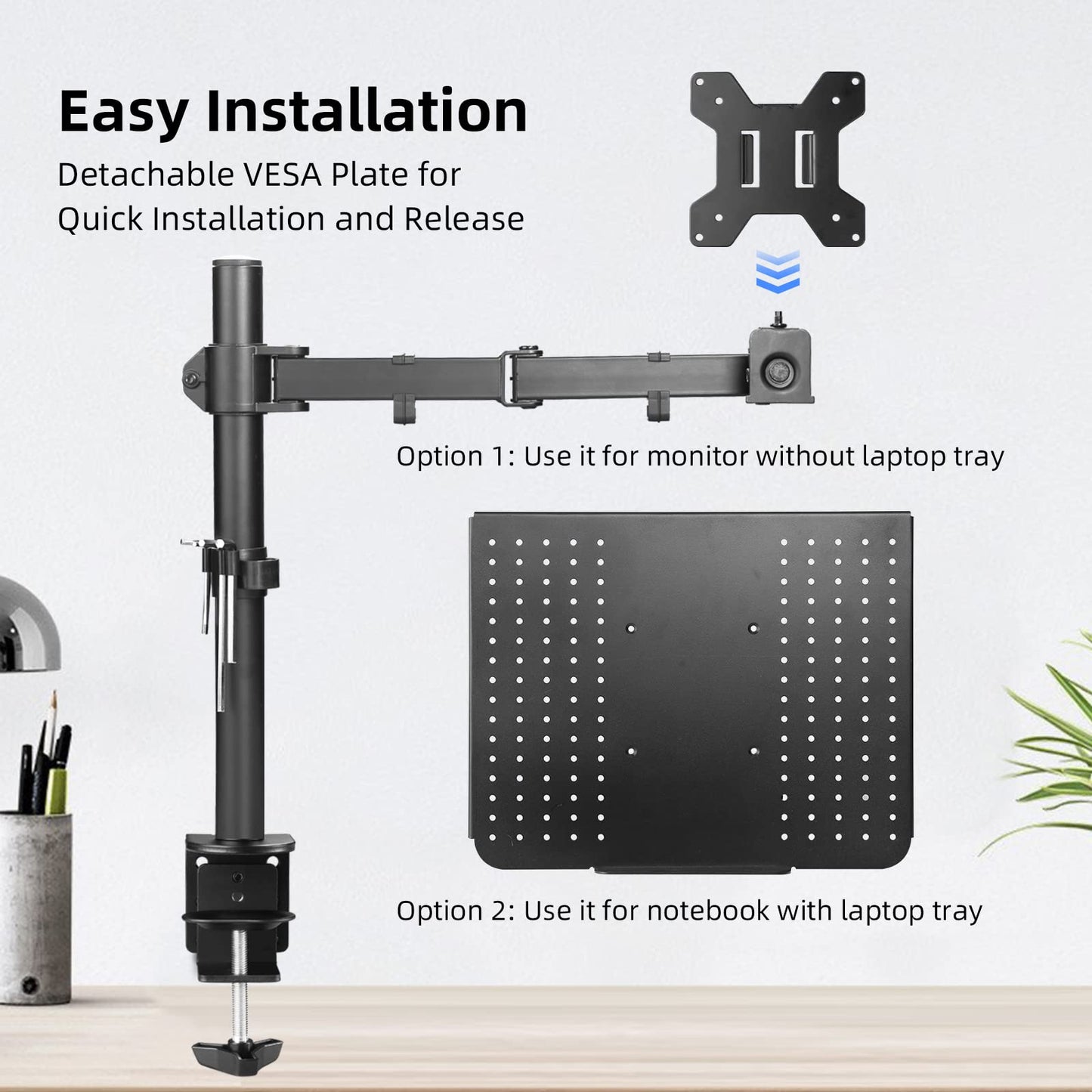 Suptek Single Notebook Desk Mount With Tray for 13-27 Inch Computer Screen, Fully Adjustable Arm for Laptop up to 17'', Weight up to 15.6 lbs