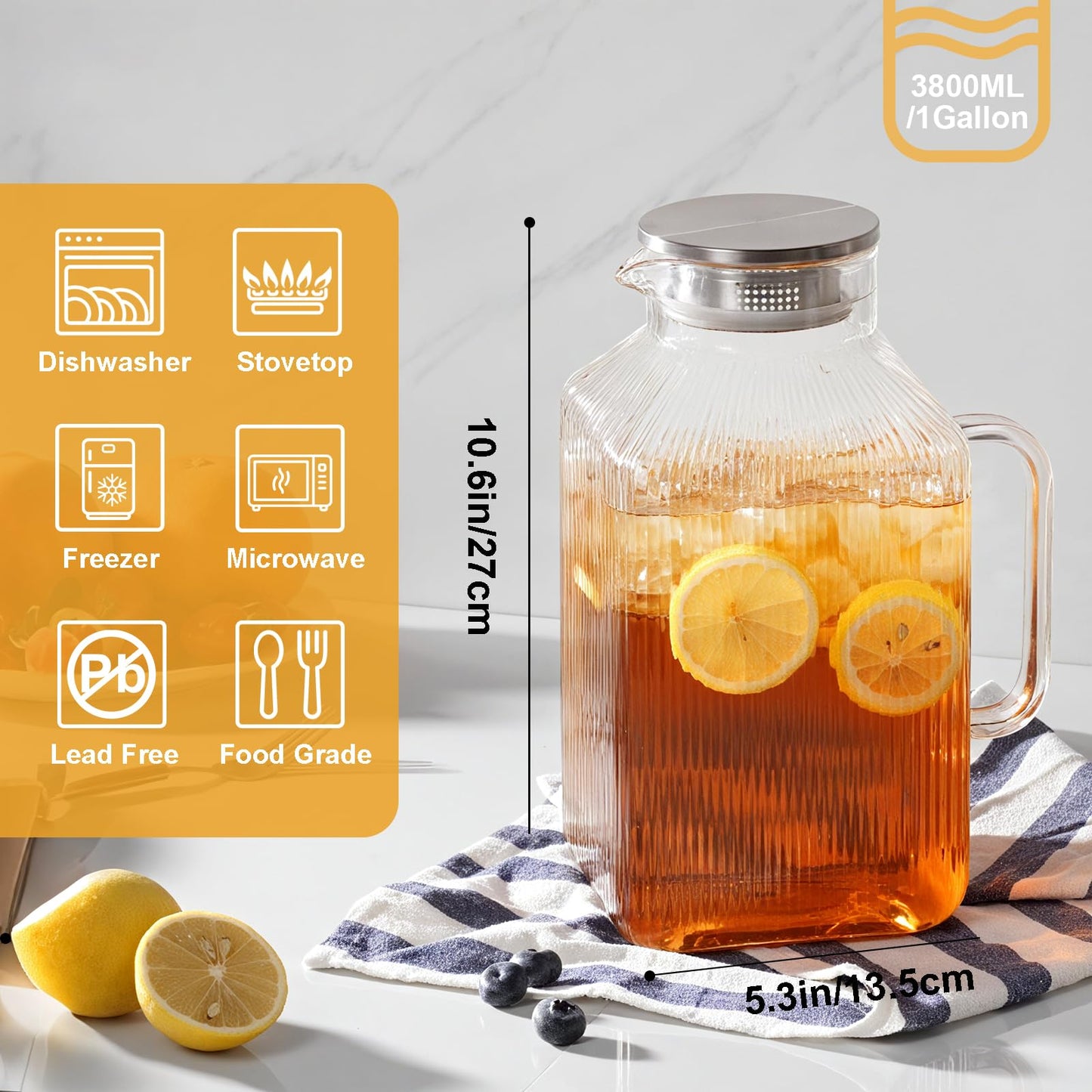 1 Gallon 128oz Square Glass Pitcher with Lid and Handle, Water Pitchers with Handle for Fridge, Borosilicate Glass Carafe with vertical stripe design for Hot/Cold Drink.