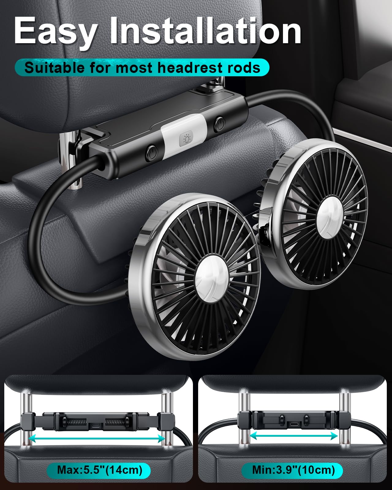 xuenair 360 Hose Cooling Fan for Car Backseat Kids Baby Rear Facing, Portable USB Car Fan for Vehicle SUV RV Pickup Truck Headrest - Powerful 3-Speed LED Light