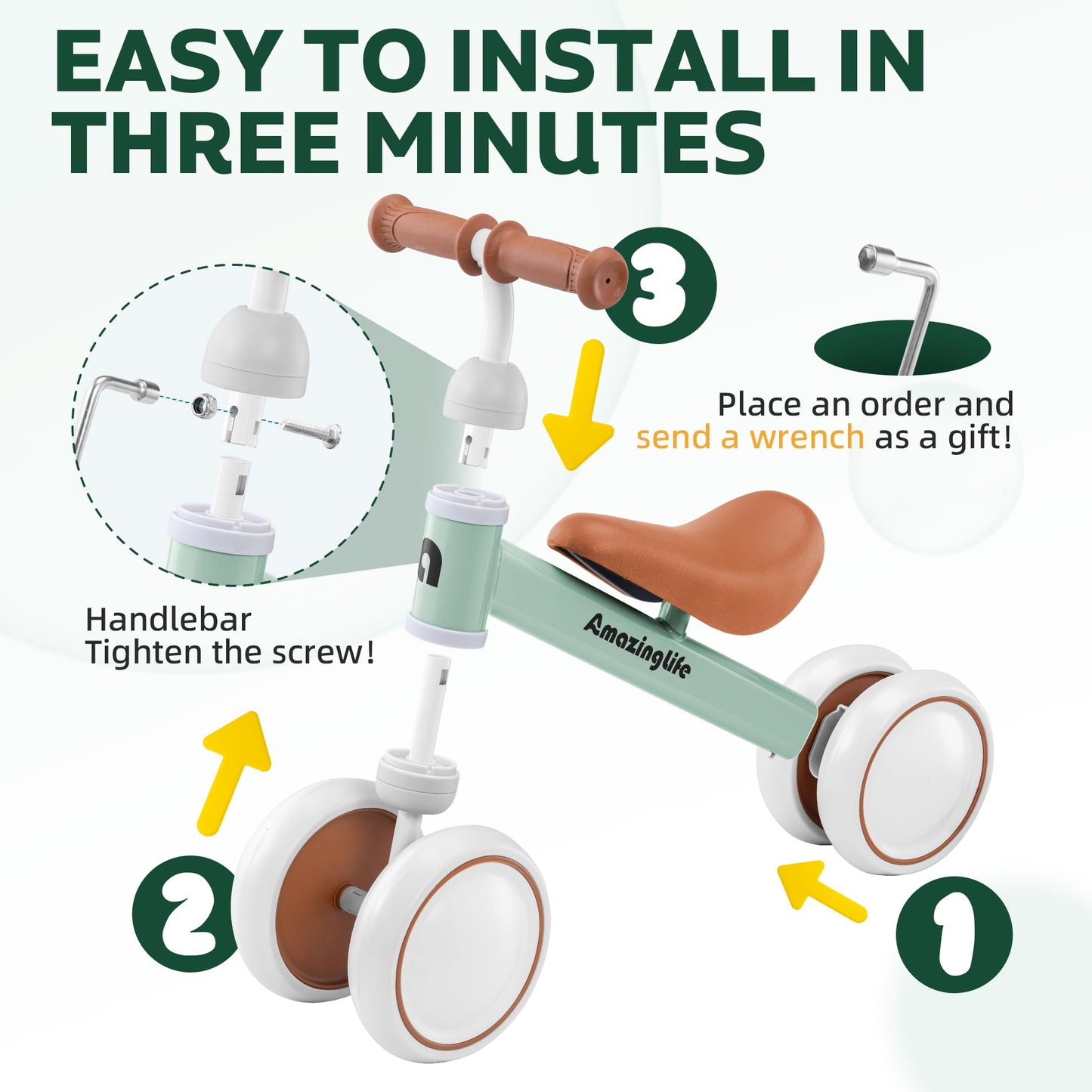 Balance Bike 1 Year Old, 10-24 Months Baby Balance Bike Toys, No Pedal Infant 4 Wheels Toddler Bike, Toddler Ride On Toys, Three Free Cartoon Stickers, First Birthday Gift for Boys Girls, Green