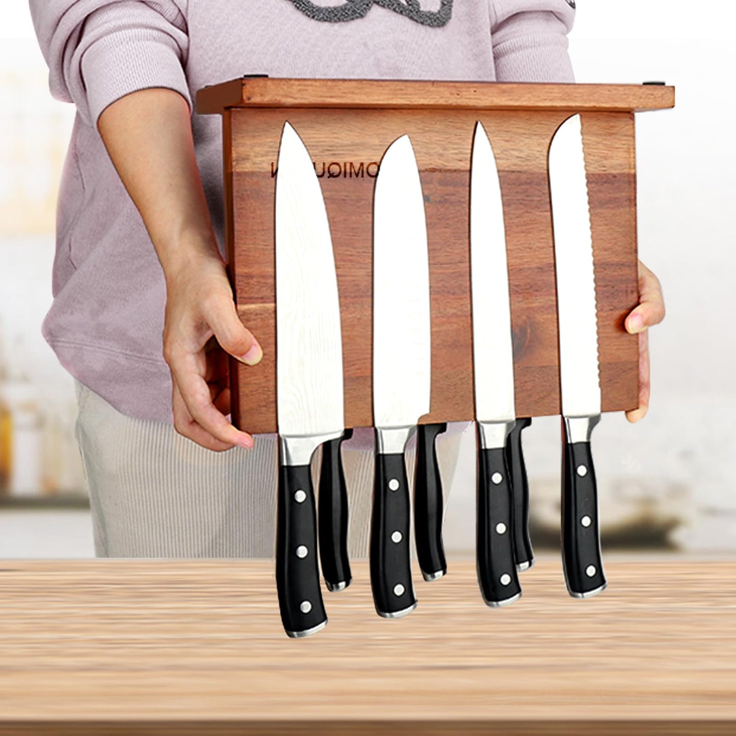 Magnetic Knife Block Magnetic Knife Holder Double Sided Rack with Strong Enhanced Magnets Acacia Wood Magnetic Knife Storage Stand