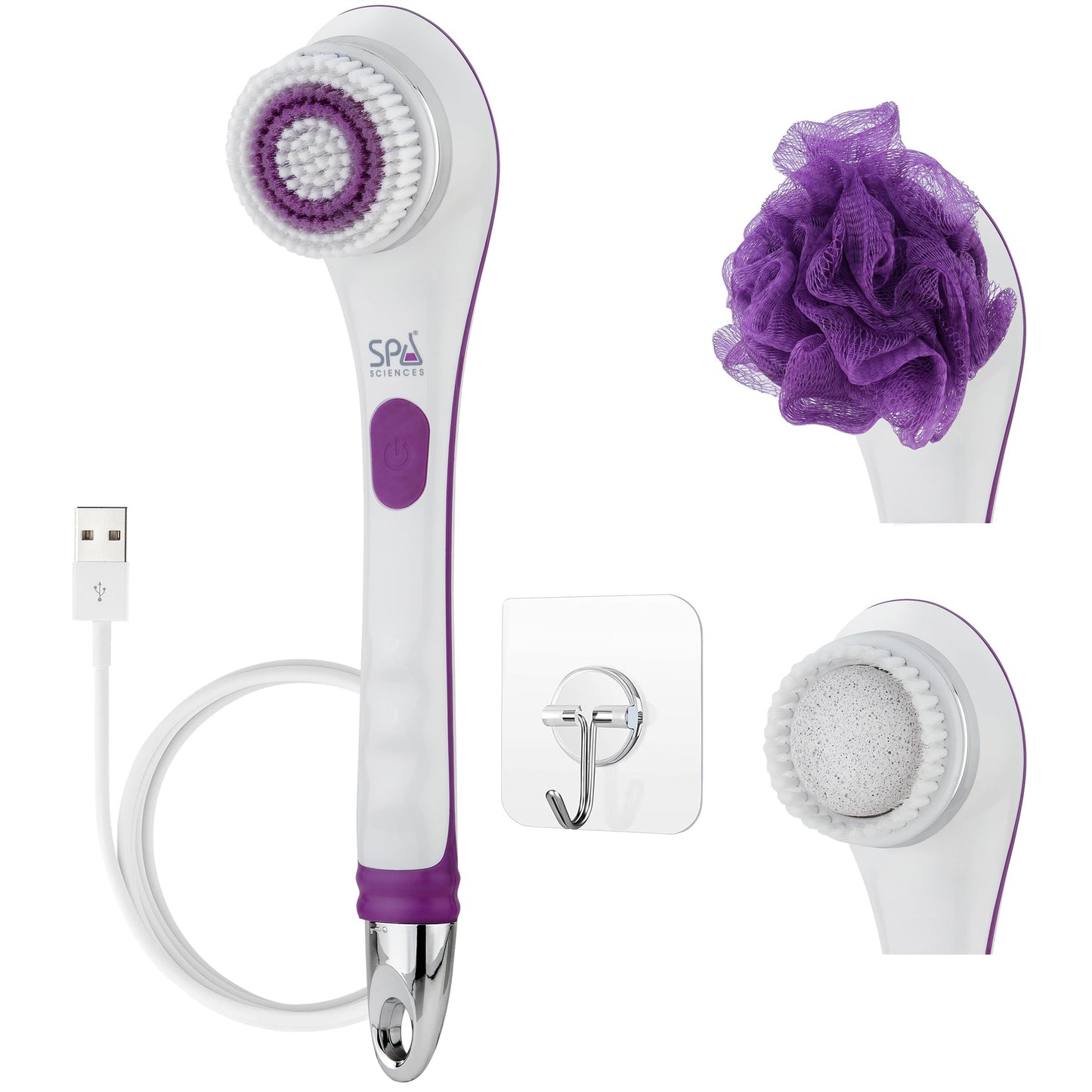 Spa Sciences - NERA Powered Shower Brush - 3-in-1 Multifunction Back & Body Brush - Exfoliation, Cleansing, Massaging - For All Skin Types - Includes Body Brush, Loofah, & Pumice Stone - USB Charging